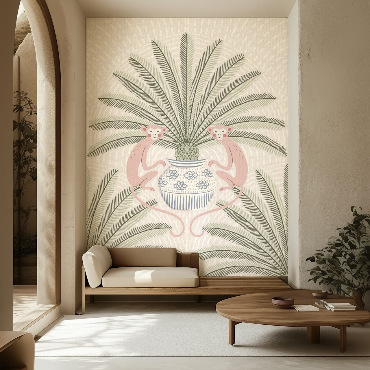 Chinoiserie monkey and palm wallpaper in una stanza