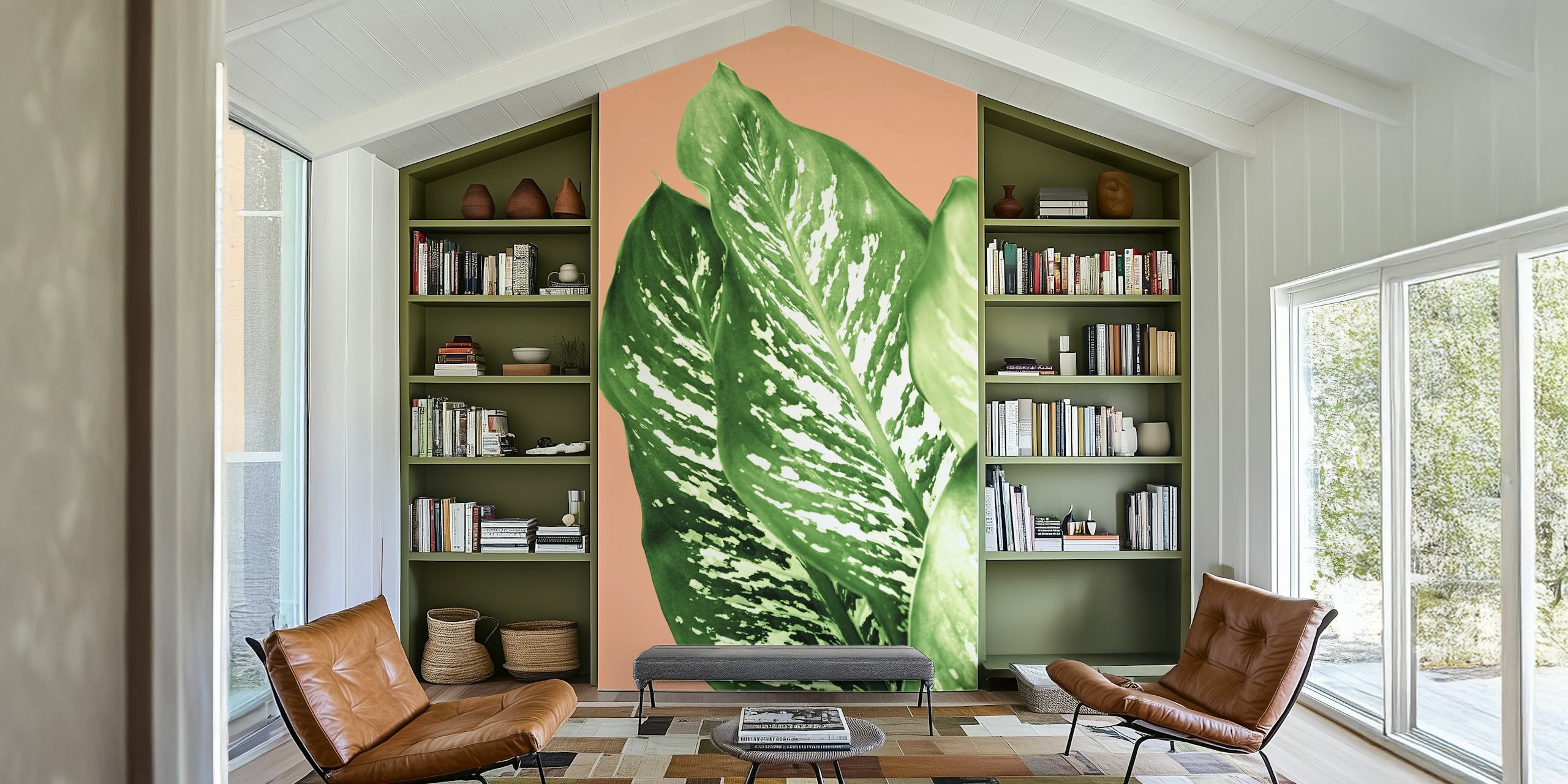 Dieffenbachia Exotic Leaves 1 Väggdekor med frodiga gröna mönster på en korallbakgrund