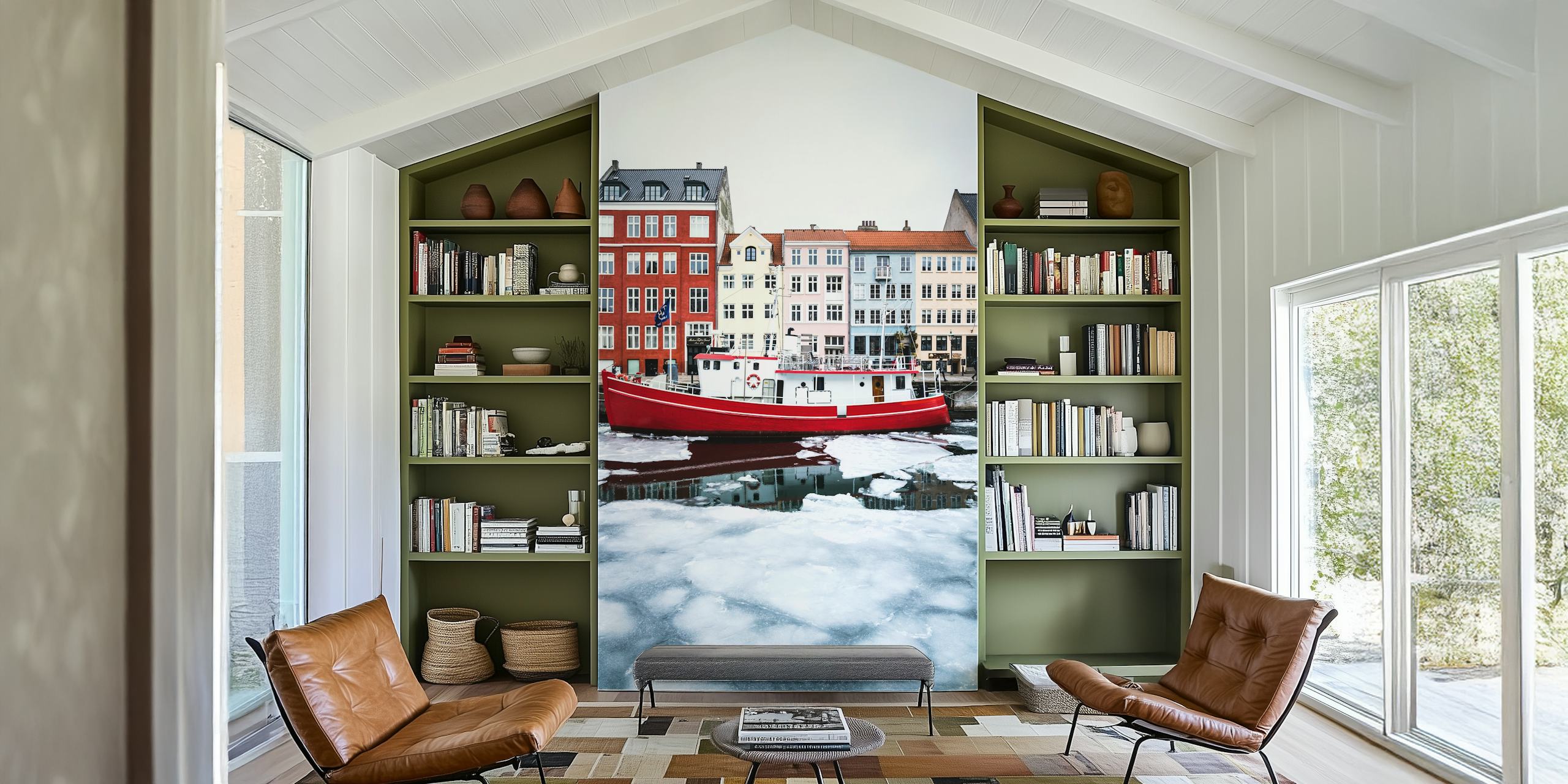 Colorful buildings and a red boat in icy waters wallpaper