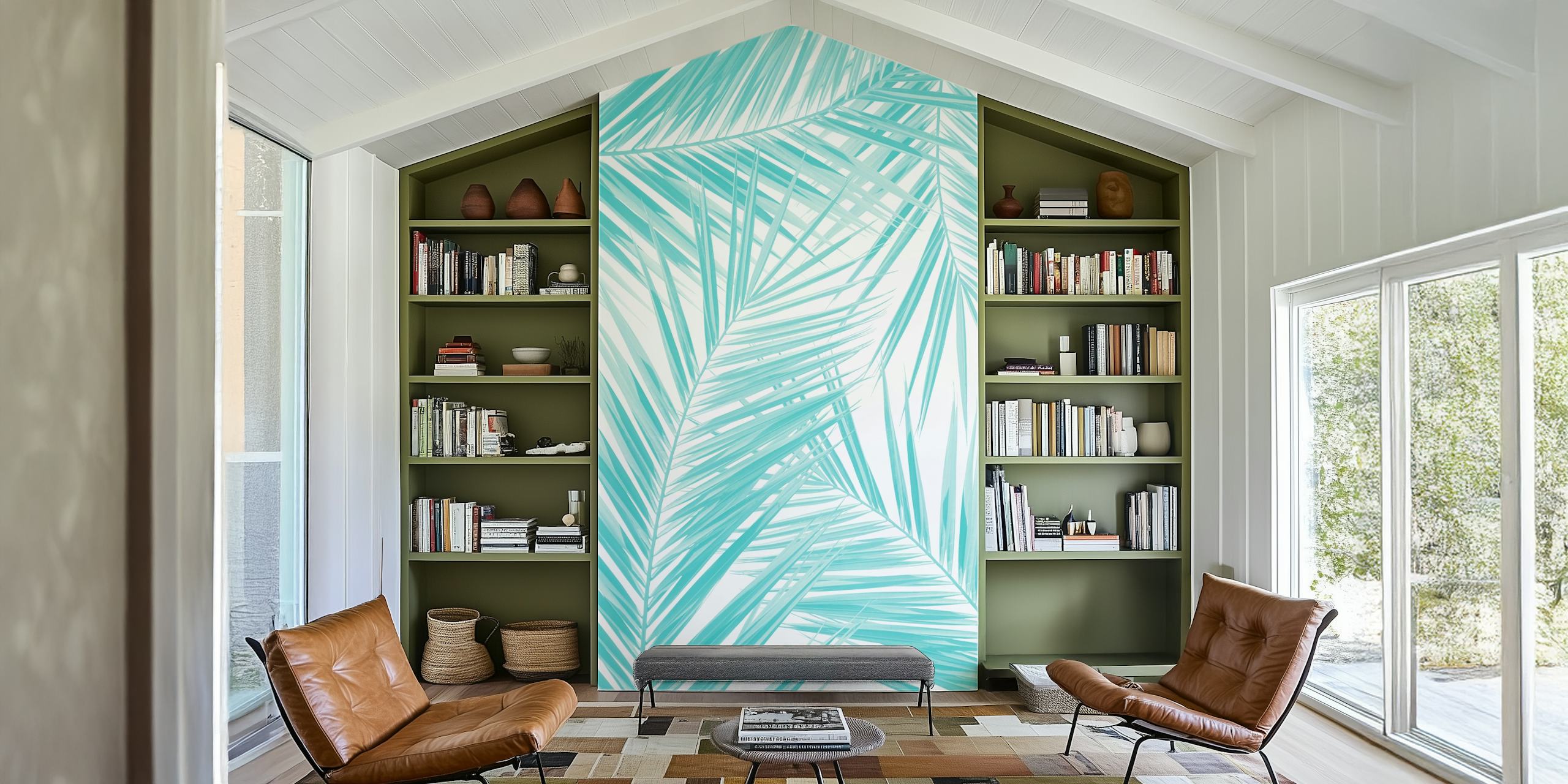 Aqua palm leaves pattern wallpaper in tropical style