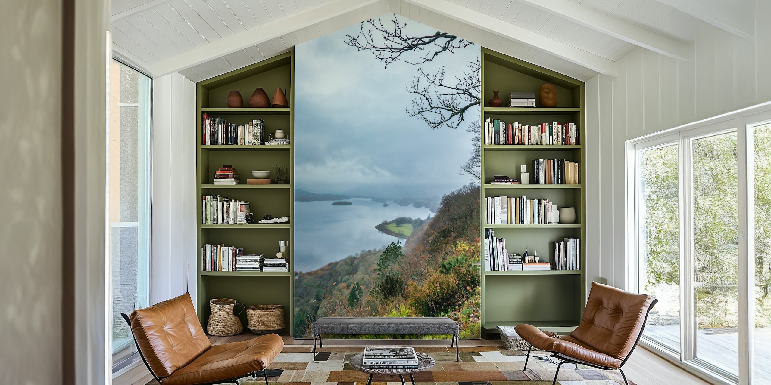 British Lake District wall mural with misty lakeside view