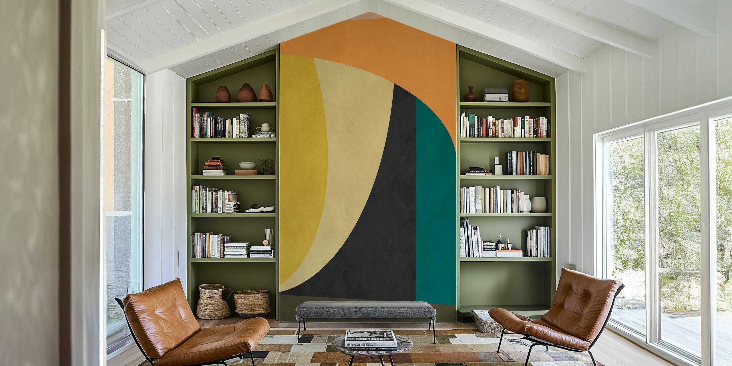 Geometric wallpaper design with bold colors: yellow, black, teal, and orange