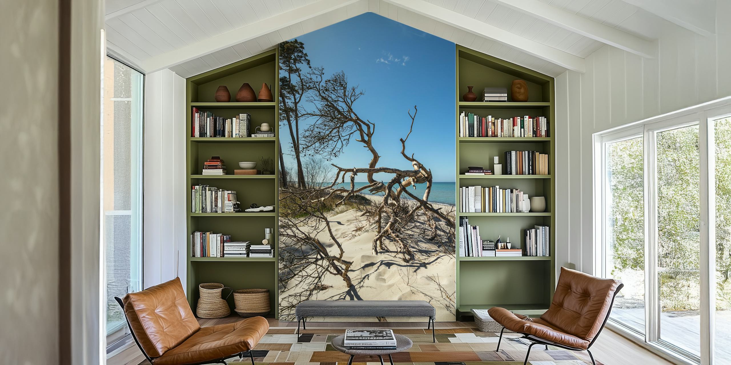 Baltic Sea Spring Day wall mural with sandy shore and weathered trees against a clear blue sky
