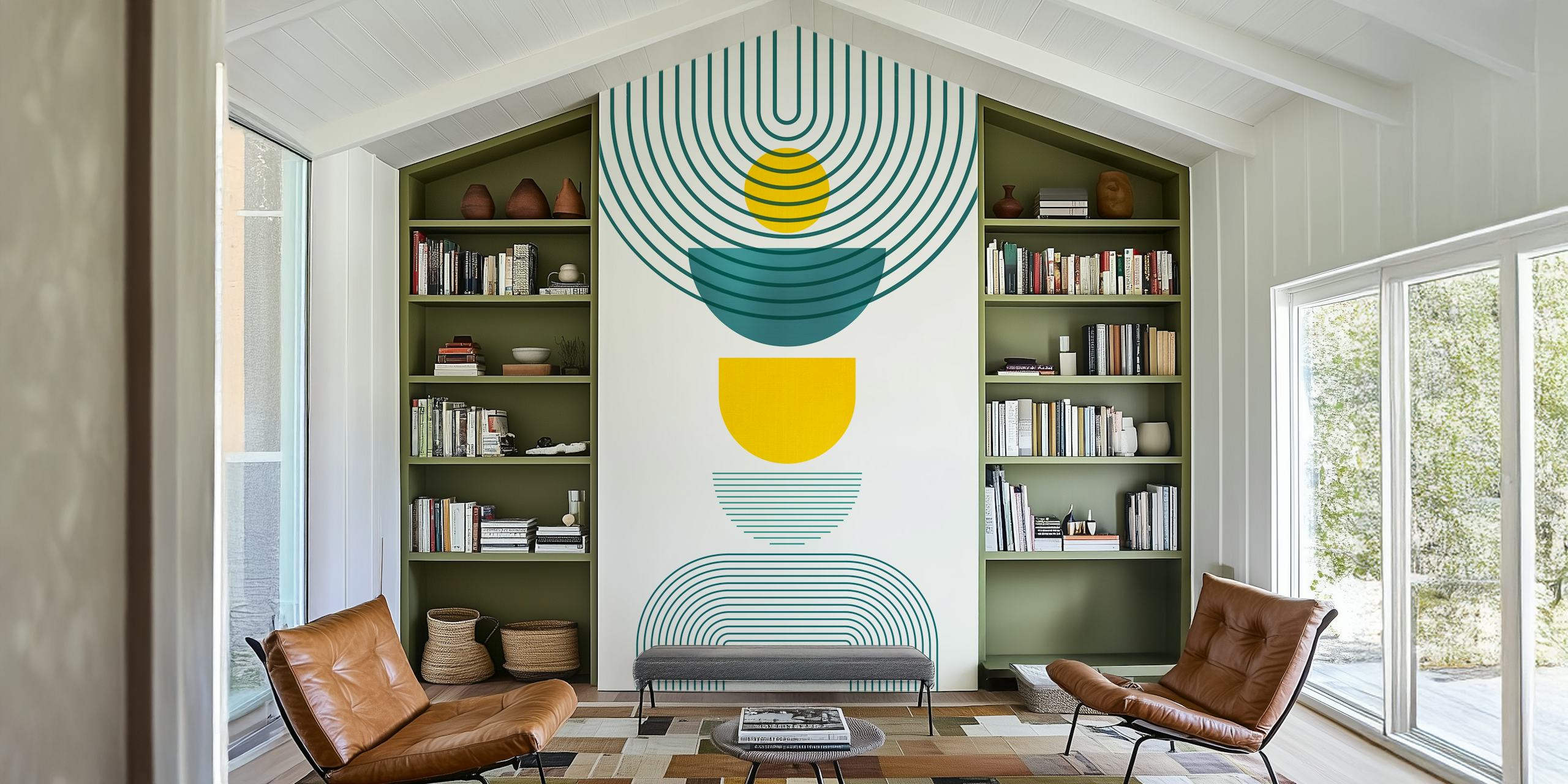 Tapeta Mid Century Teal Yellow w pokoju