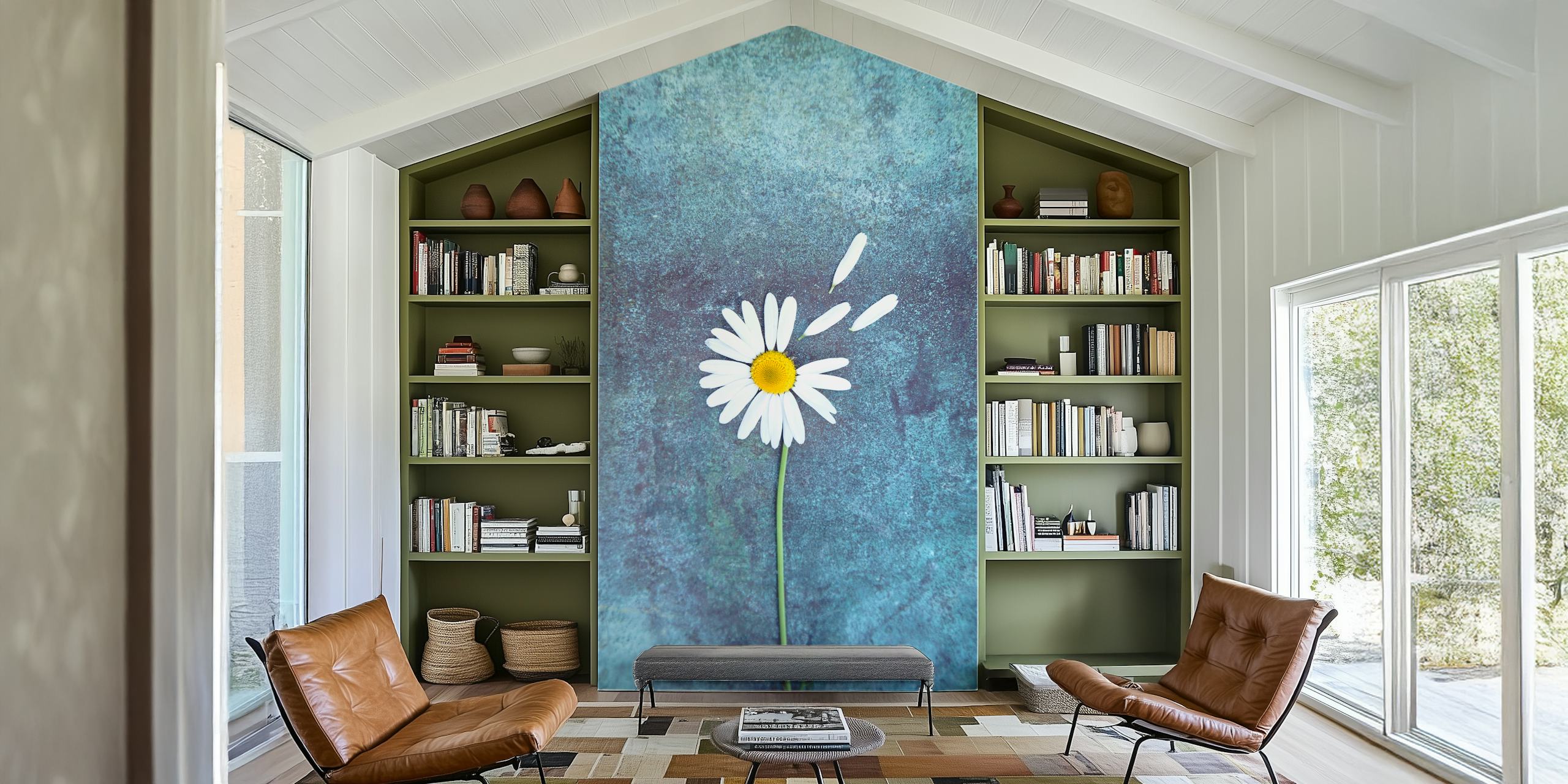 White daisy flower with yellow center on blue background wallpaper