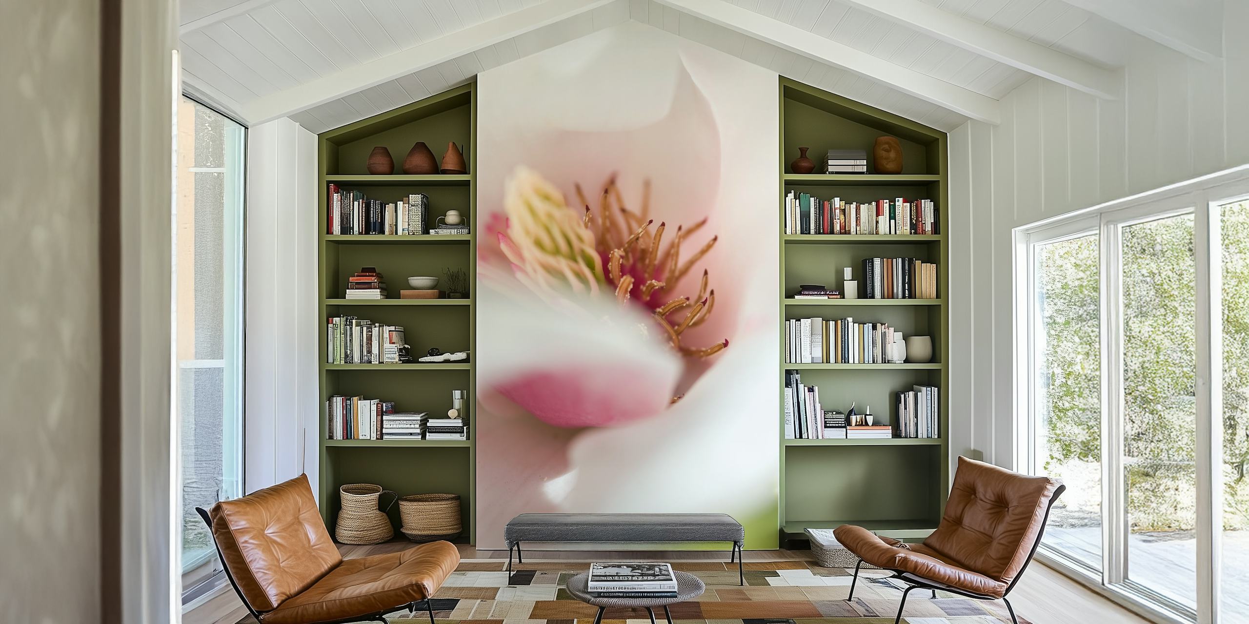 Magnified tulip blossom in soft pink and white colors wallpaper