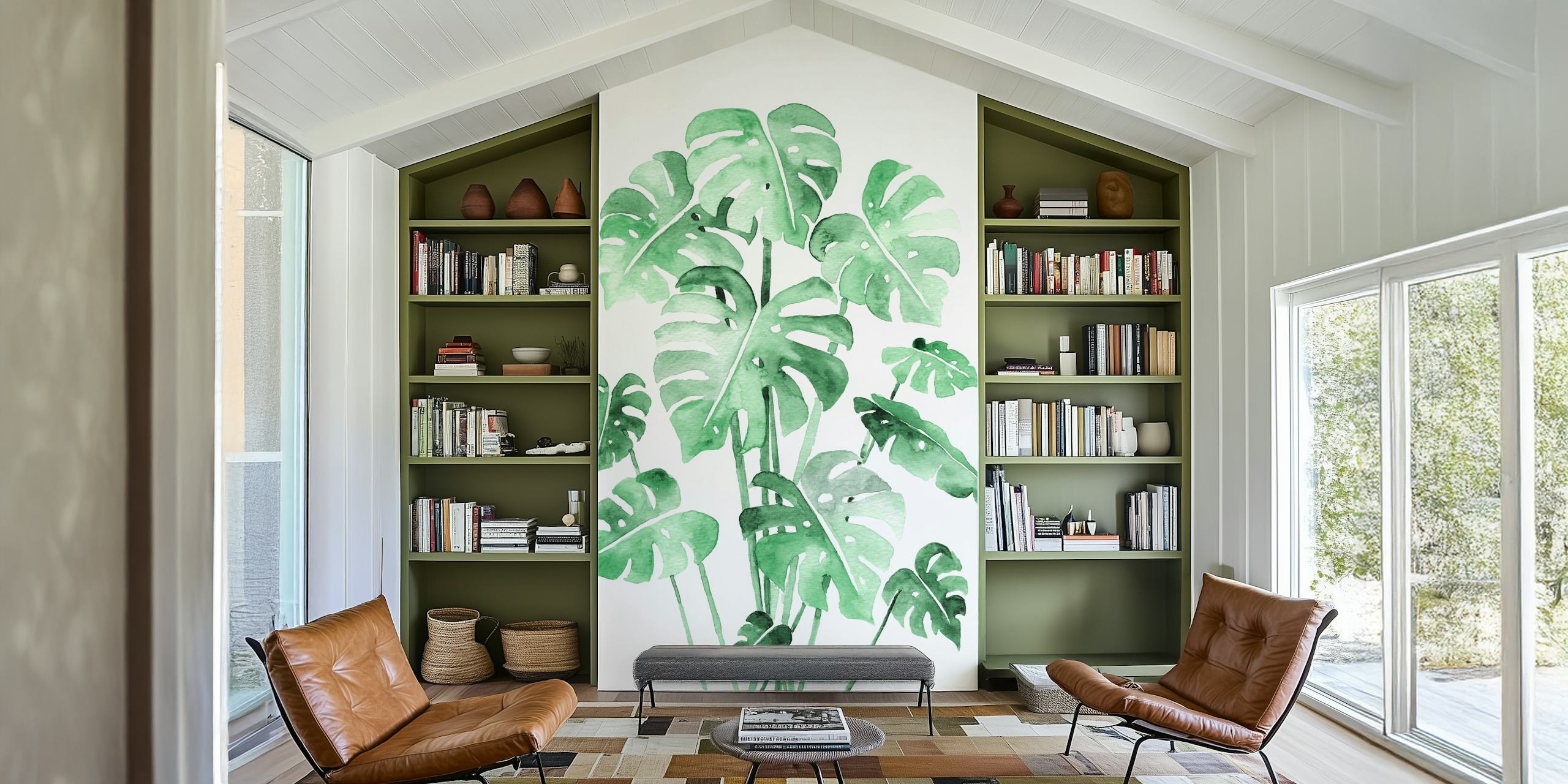 carta da parati Delicate Monstera Green in una stanza