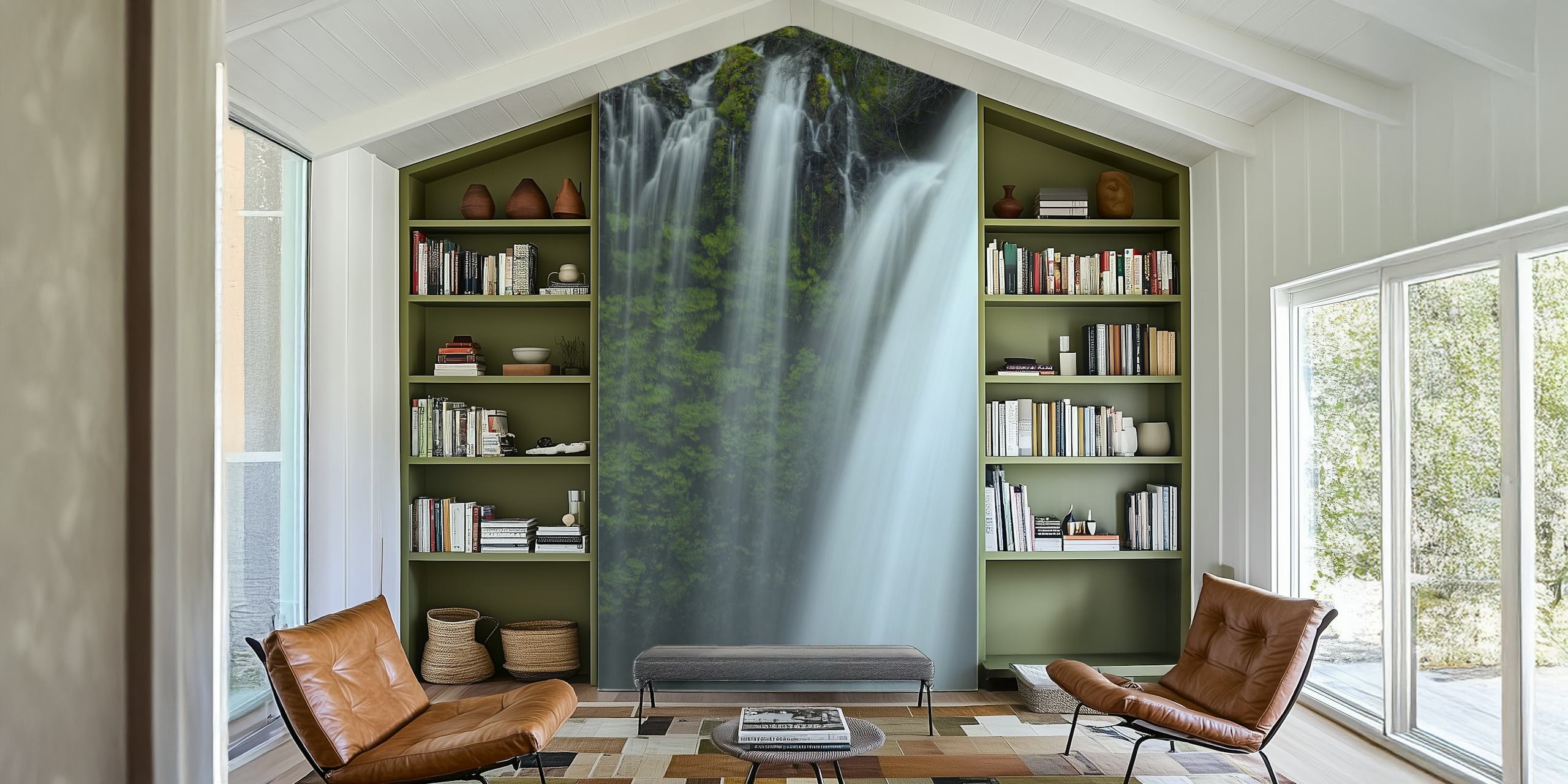 Wall mural of a tranquil waterfall with lush greenery titled Drapes of Grace.
