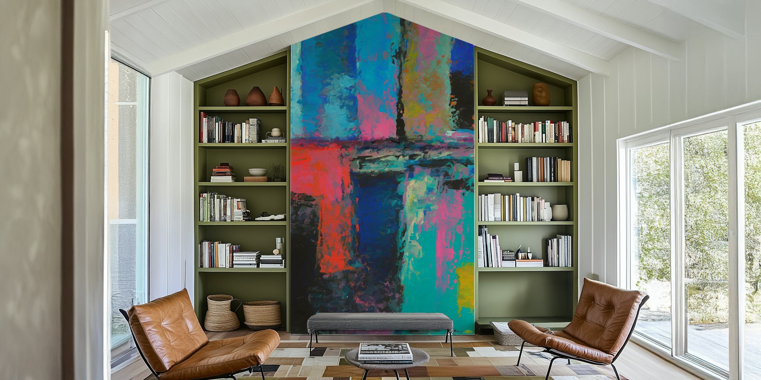 Colorful abstract brush strokes in blue, pink, and yellow wallpaper