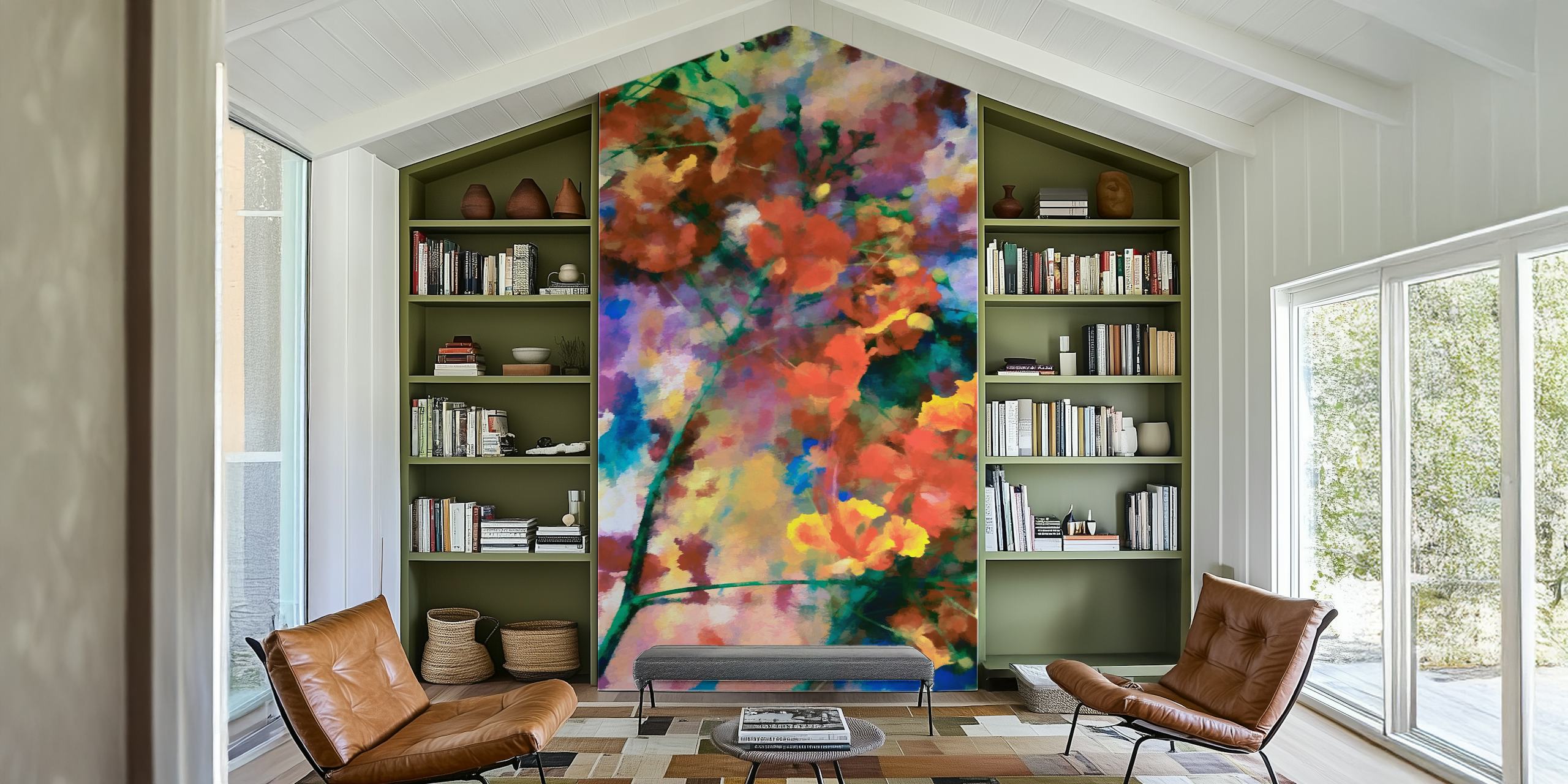 Colorful abstract floral design with greens, yellows, and reds wallpaper