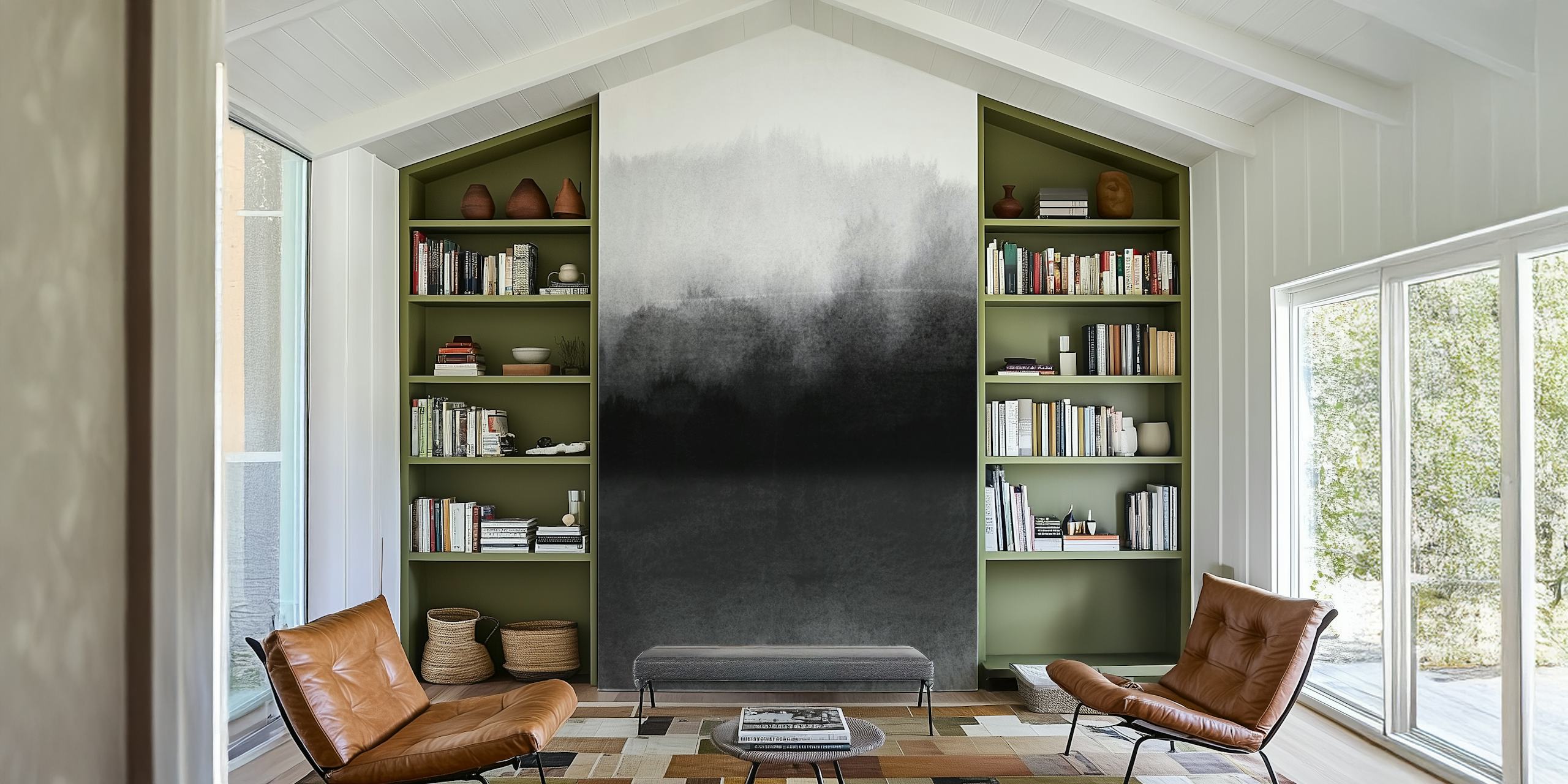 Greyscale abstract landscape wall mural depicting calm scenery