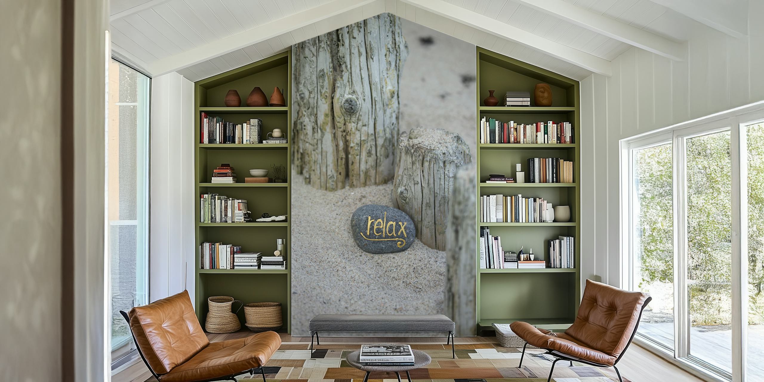 Relax lettering on grey pebble surrounded by wooden posts wallpaper