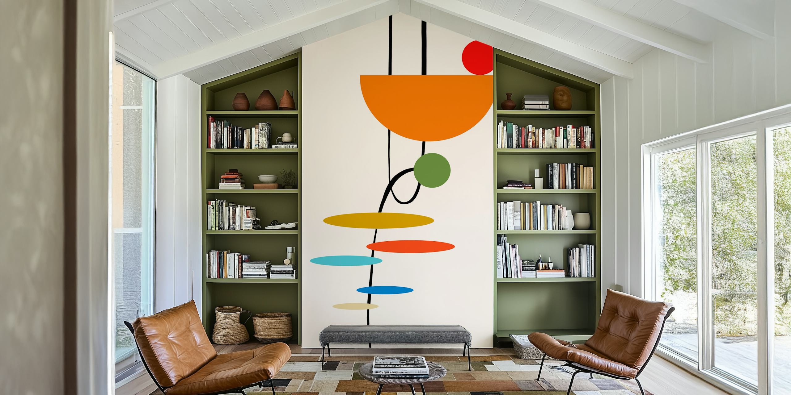 Geometric shapes in orange, green, and blue on beige wallpaper