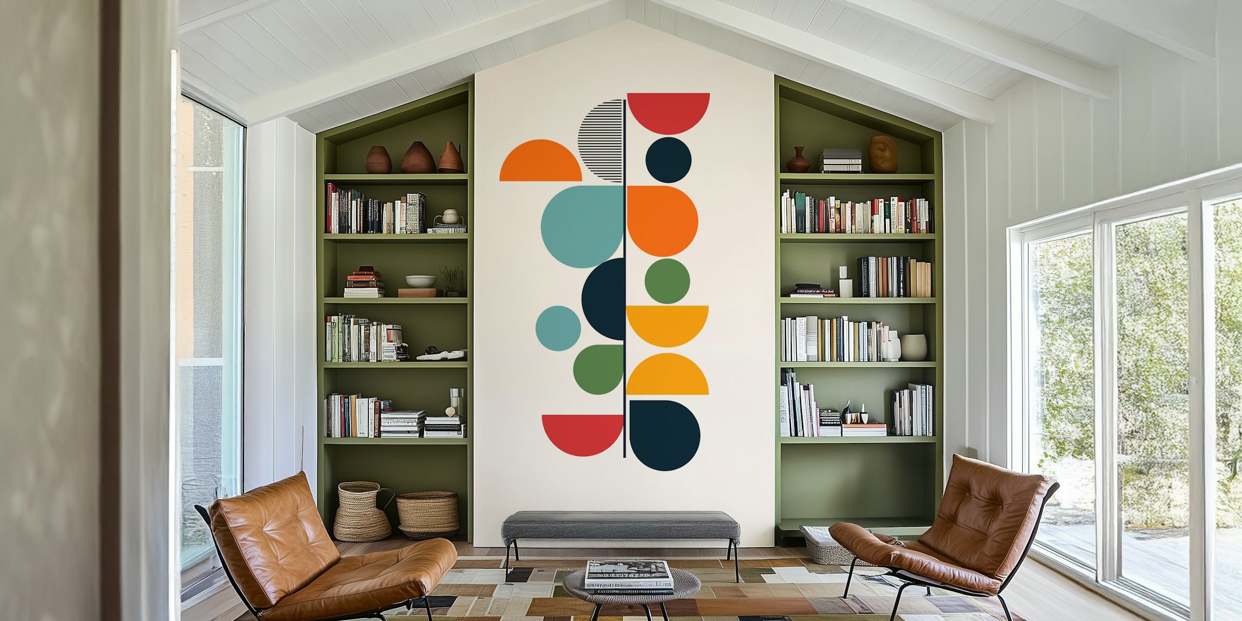Bunte geometrische Formen in Orange, Blau, Grün und Rot auf beigem Hintergrund, geometrische Tapete
