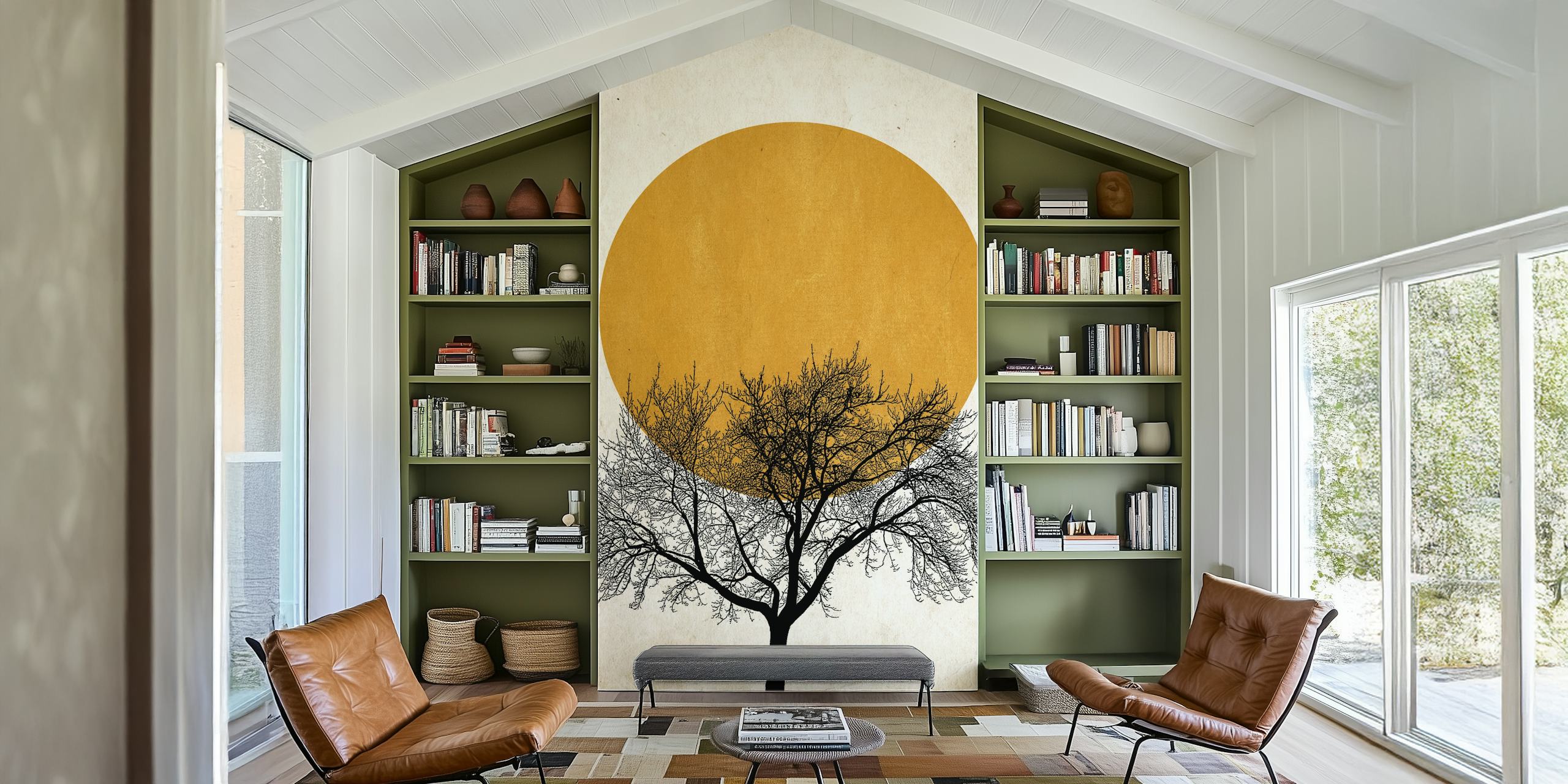 Black tree silhouette with yellow sun on textured background wallpaper