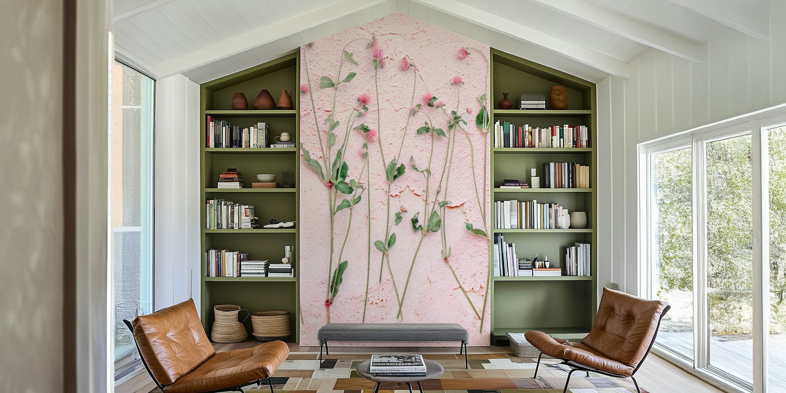 Pink botanical wallpaper with delicate floral stems and green leaves