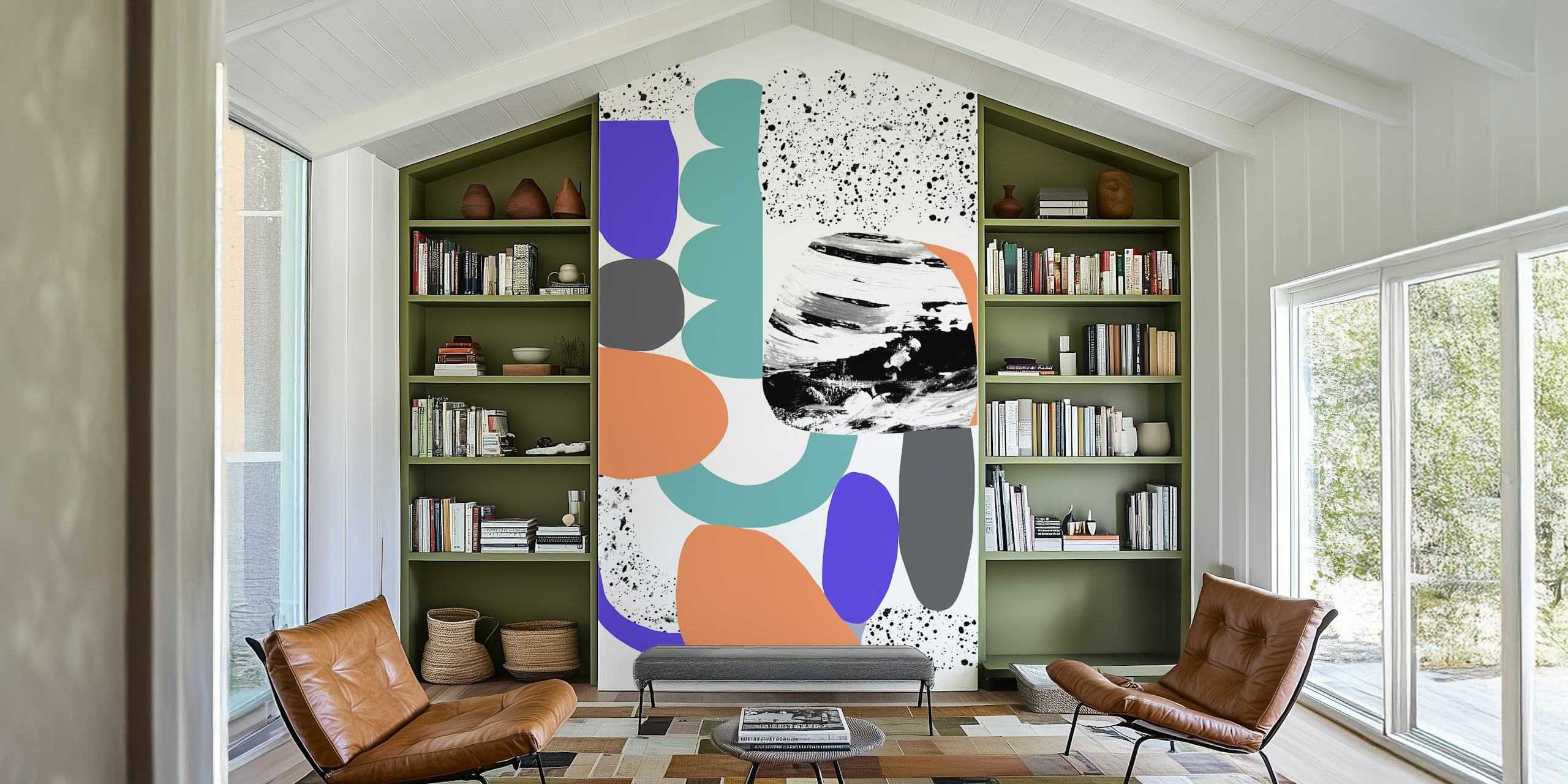 Colorful abstract geometric shapes in teal, purple, and orange wallpaper