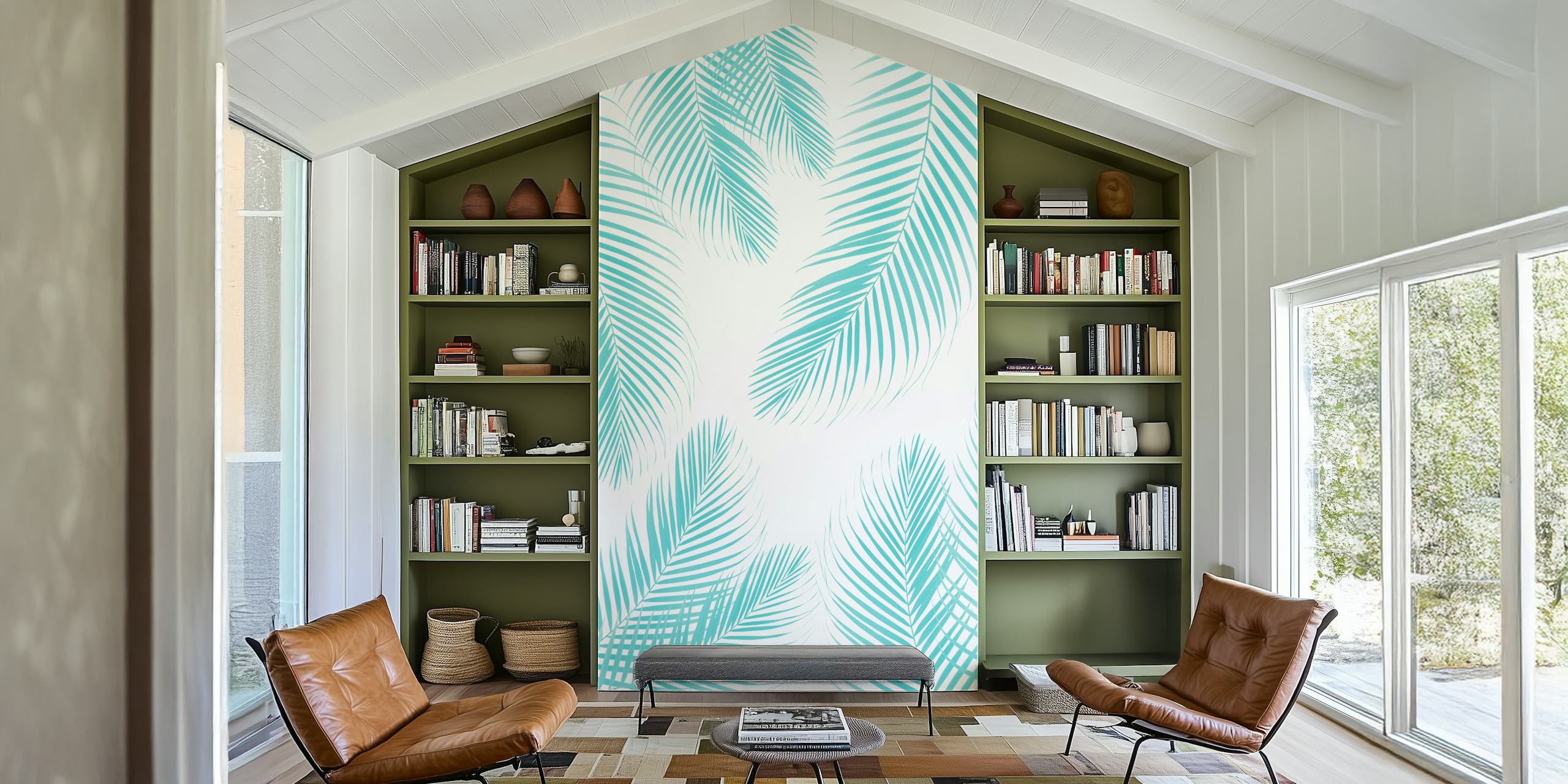 Palm Leaves Soft Turquoise 1a Wallpaper Mural with Gentle Palm Fronds against a Soft Turquoise Background