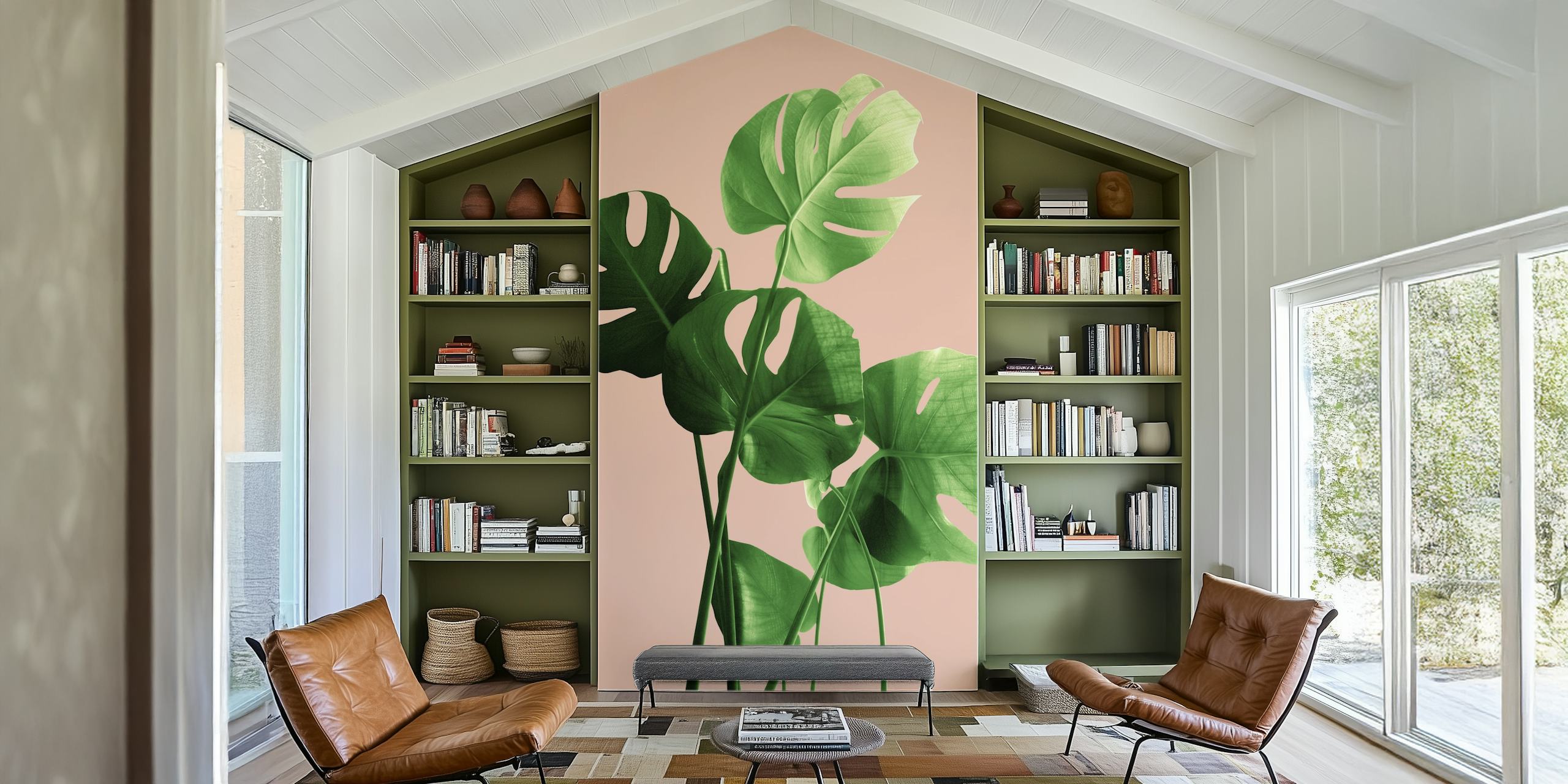Tropical monstera leaves in green on a pale terracotta background wallpaper