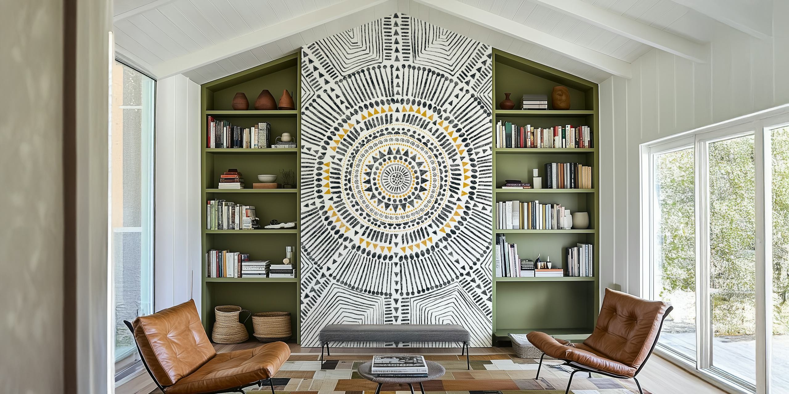 Black and white tribal pattern with gold accents wallpaper