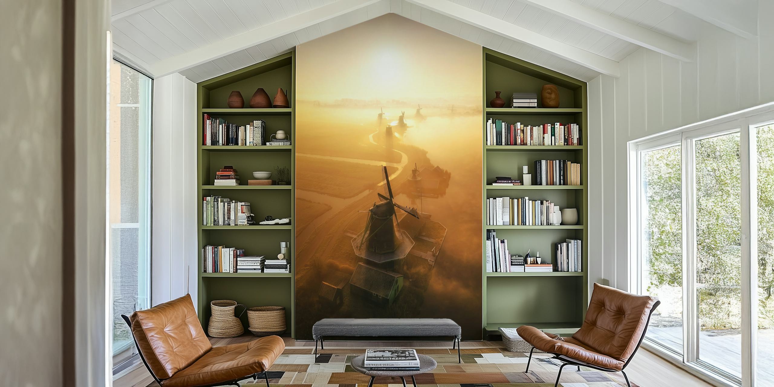 Windmills at sunrise wallpaper in a room