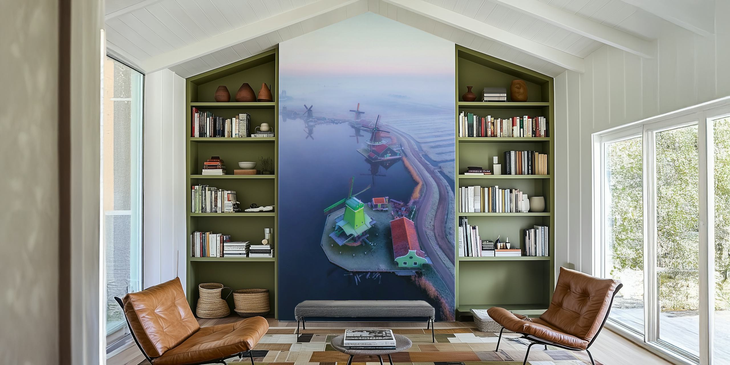 Papel pintado Tranquil Dutch windmills en una habitación