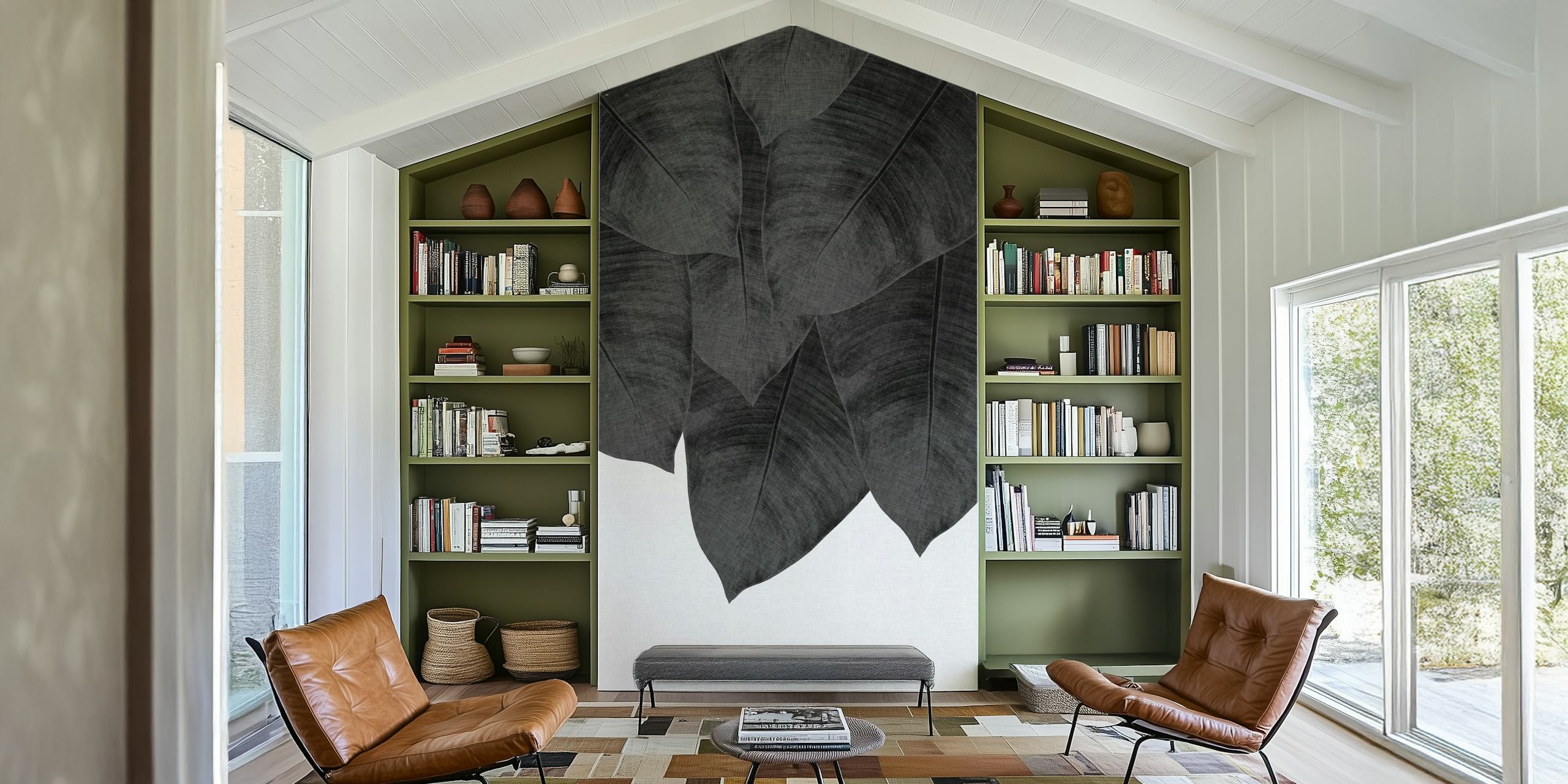 Black and white banana leaf wallpaper design