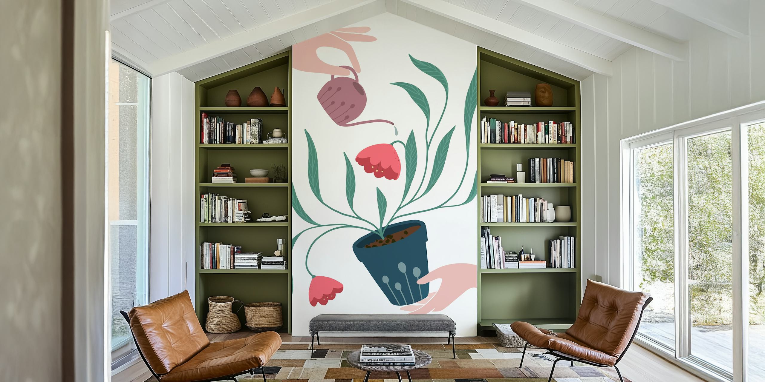 Let´s bloom design de papel de parede floral em um quarto