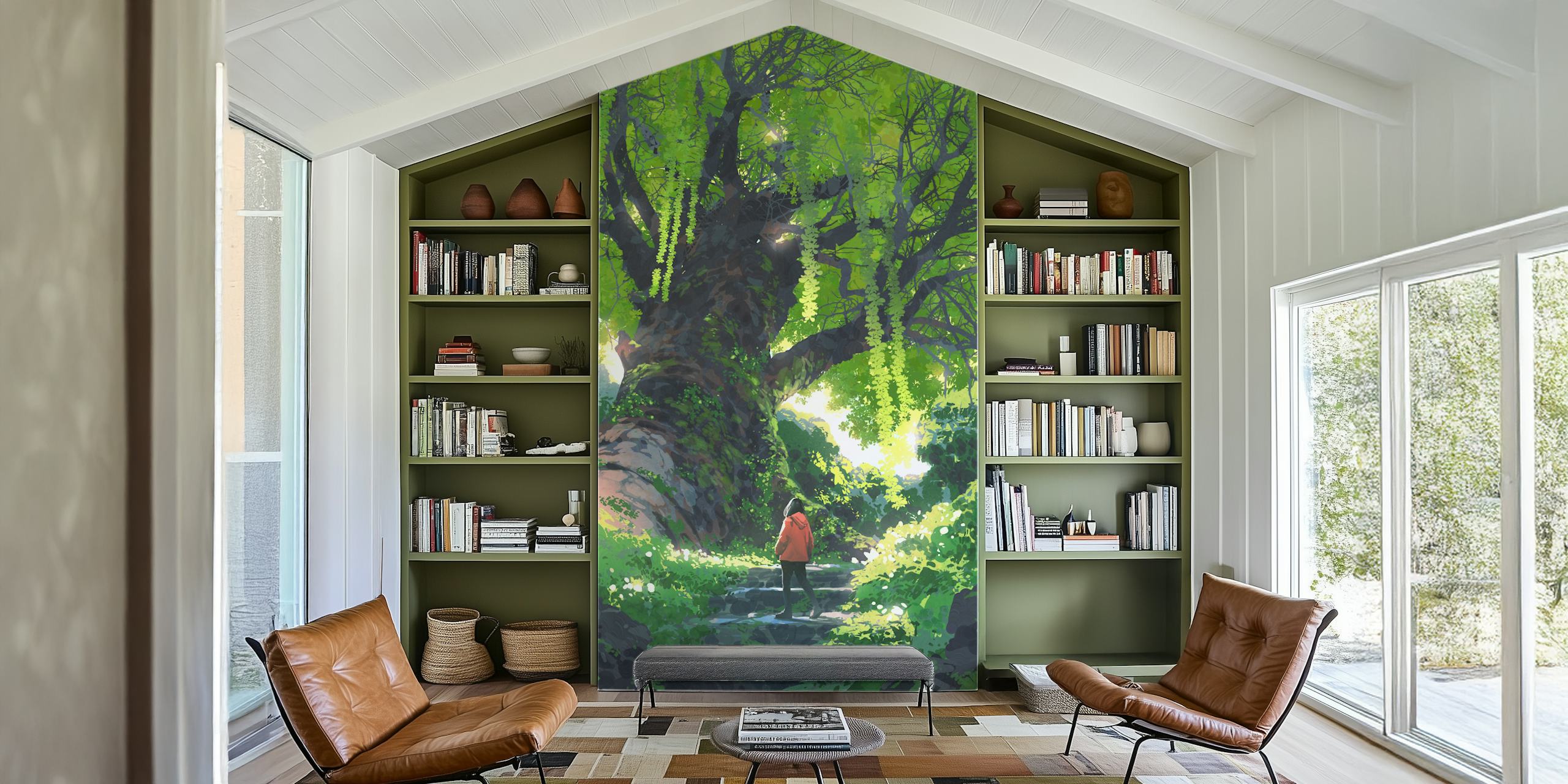 Girl που στέκεται δίπλα σε μια Giant Tree ταπετσαρία