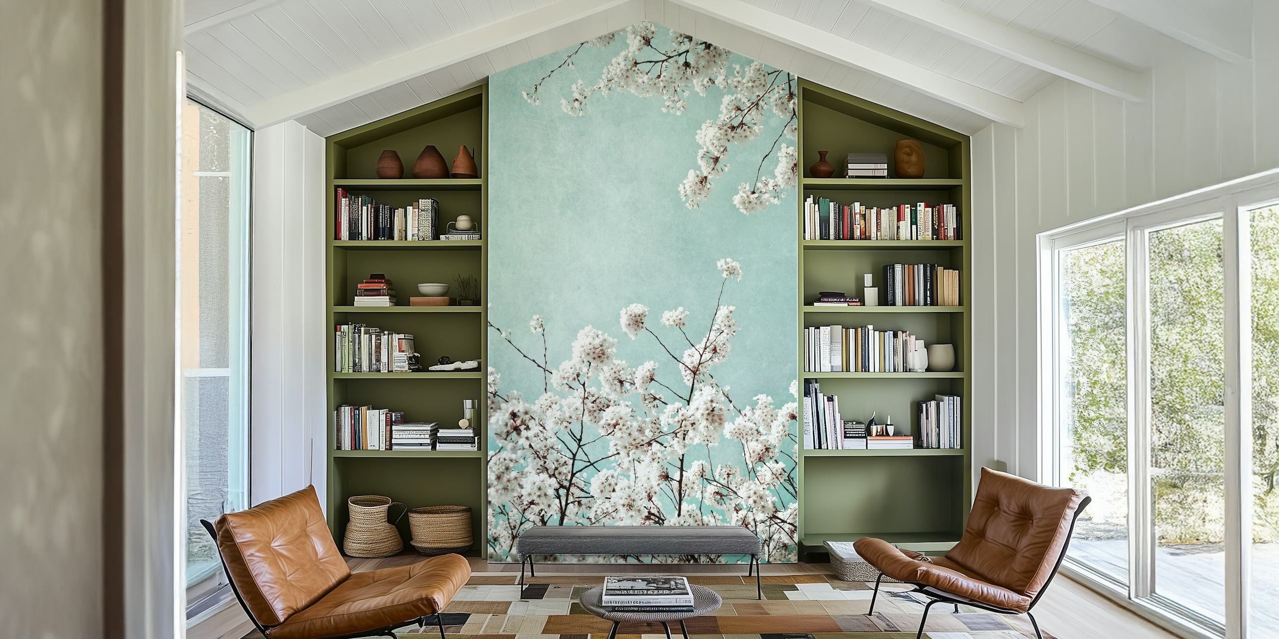 White floral branches against a soft blue background wallpaper