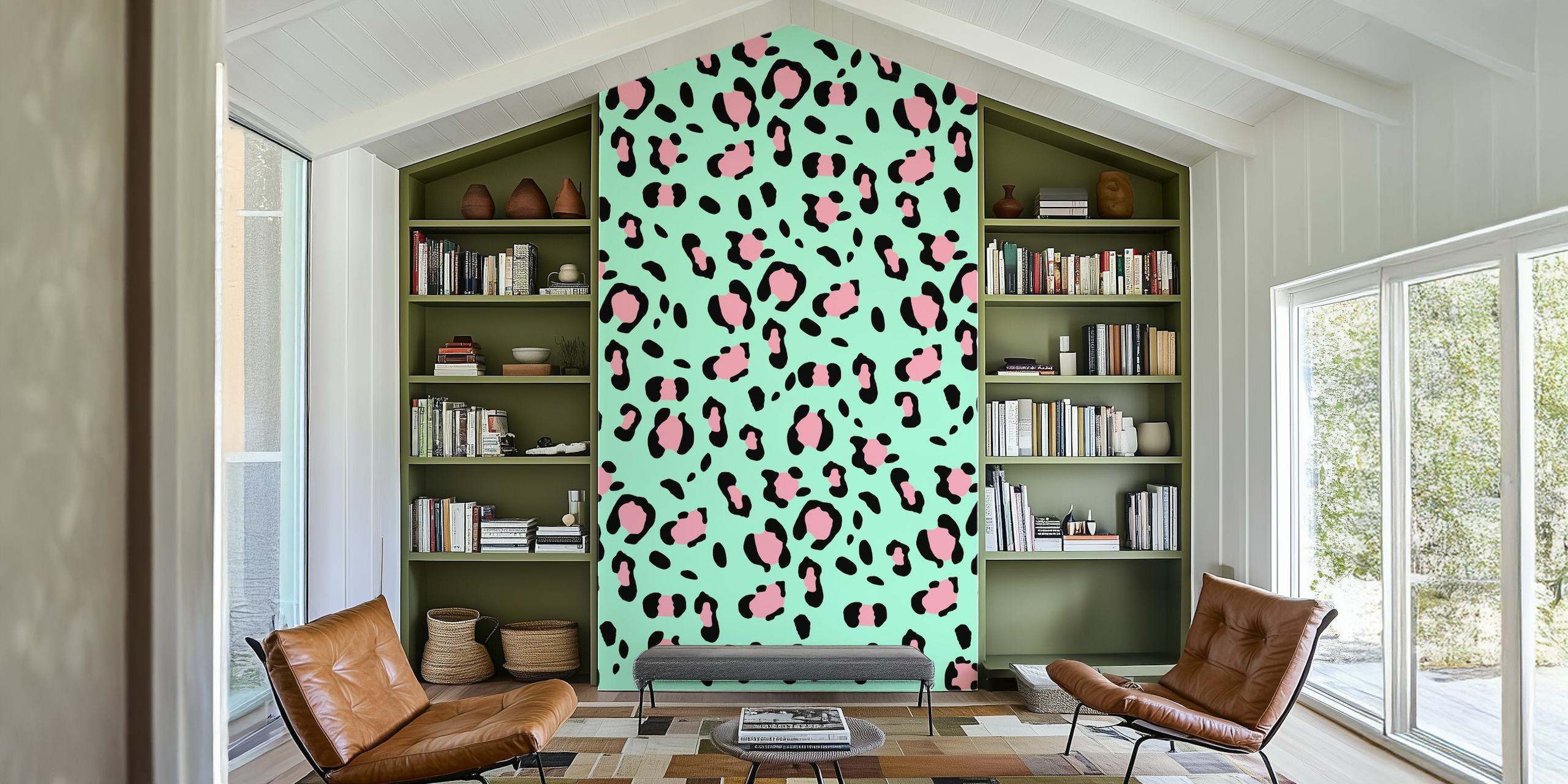 Leopard Animal Print Glam wall mural with pink spots on mint background