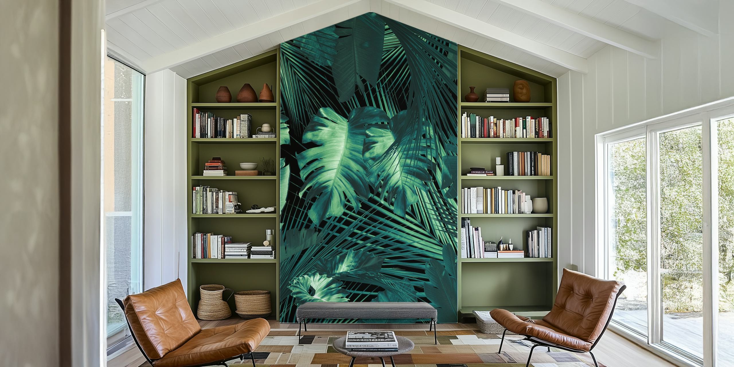 Moody jungle leaves wall mural with night theme