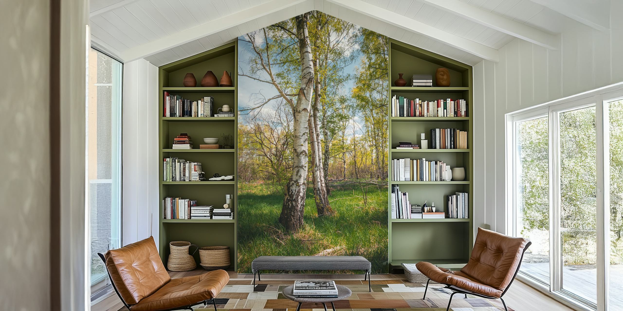Birch trees with green grass under a bright sky wallpaper