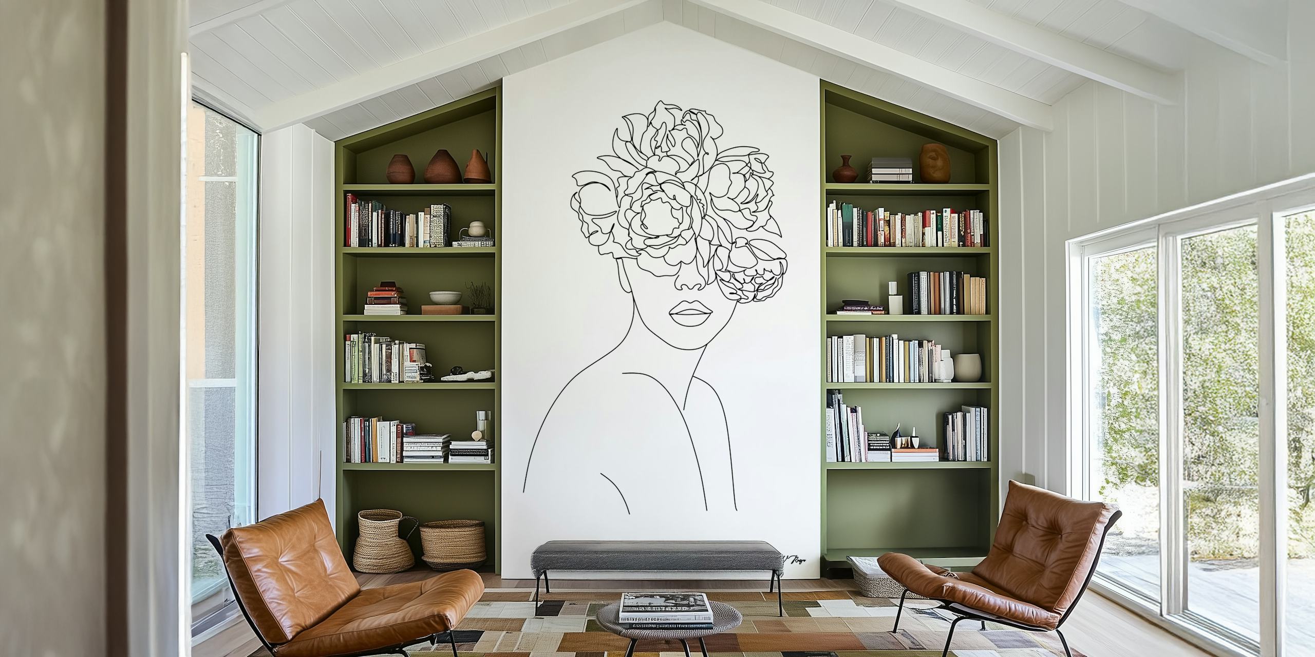 Carta da parati Peony face line art in una stanza