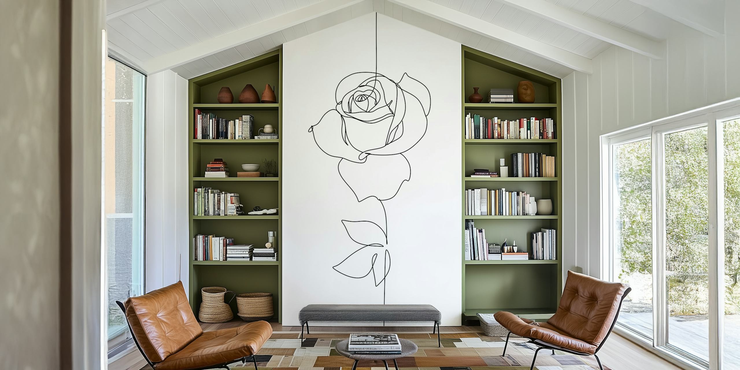 Minimalist rose line art wall mural for elegant home decor