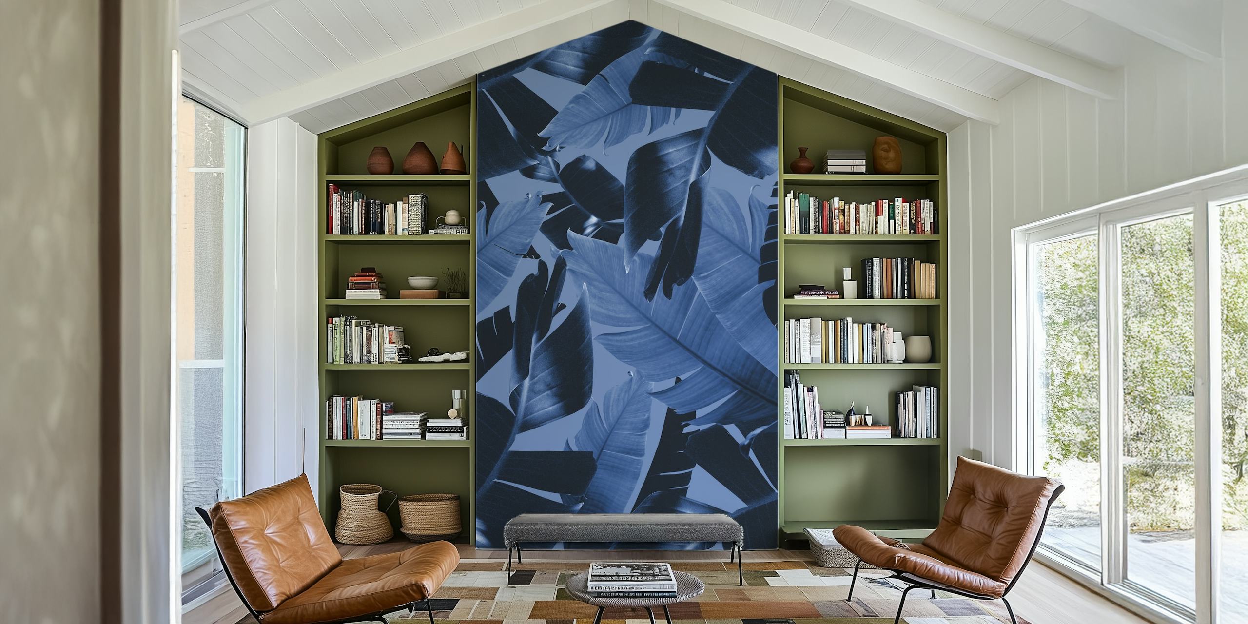Tropical palm leaves in dark blue tones wallpaper