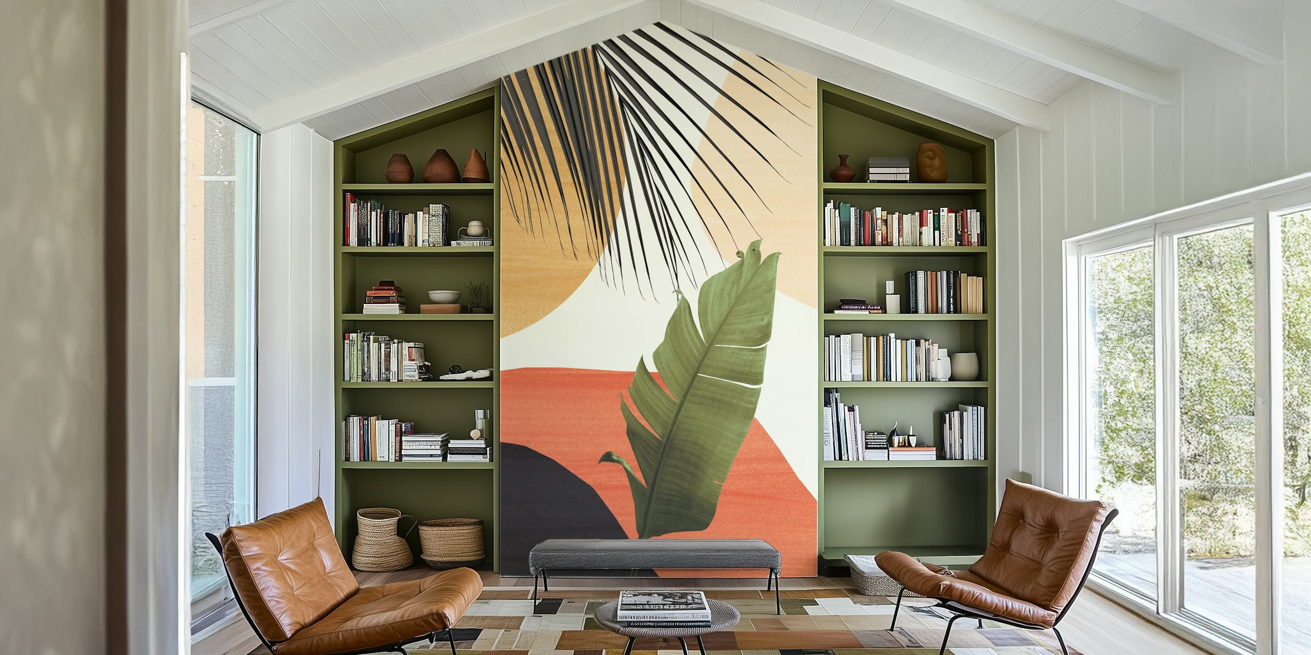 Tropical leaf abstract shapes in green, black, and warm tones wallpaper