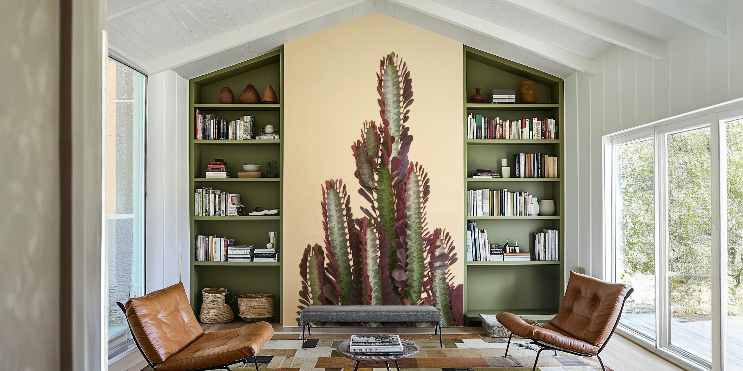 Cactus plant with purple and green leaves on beige background wallpaper