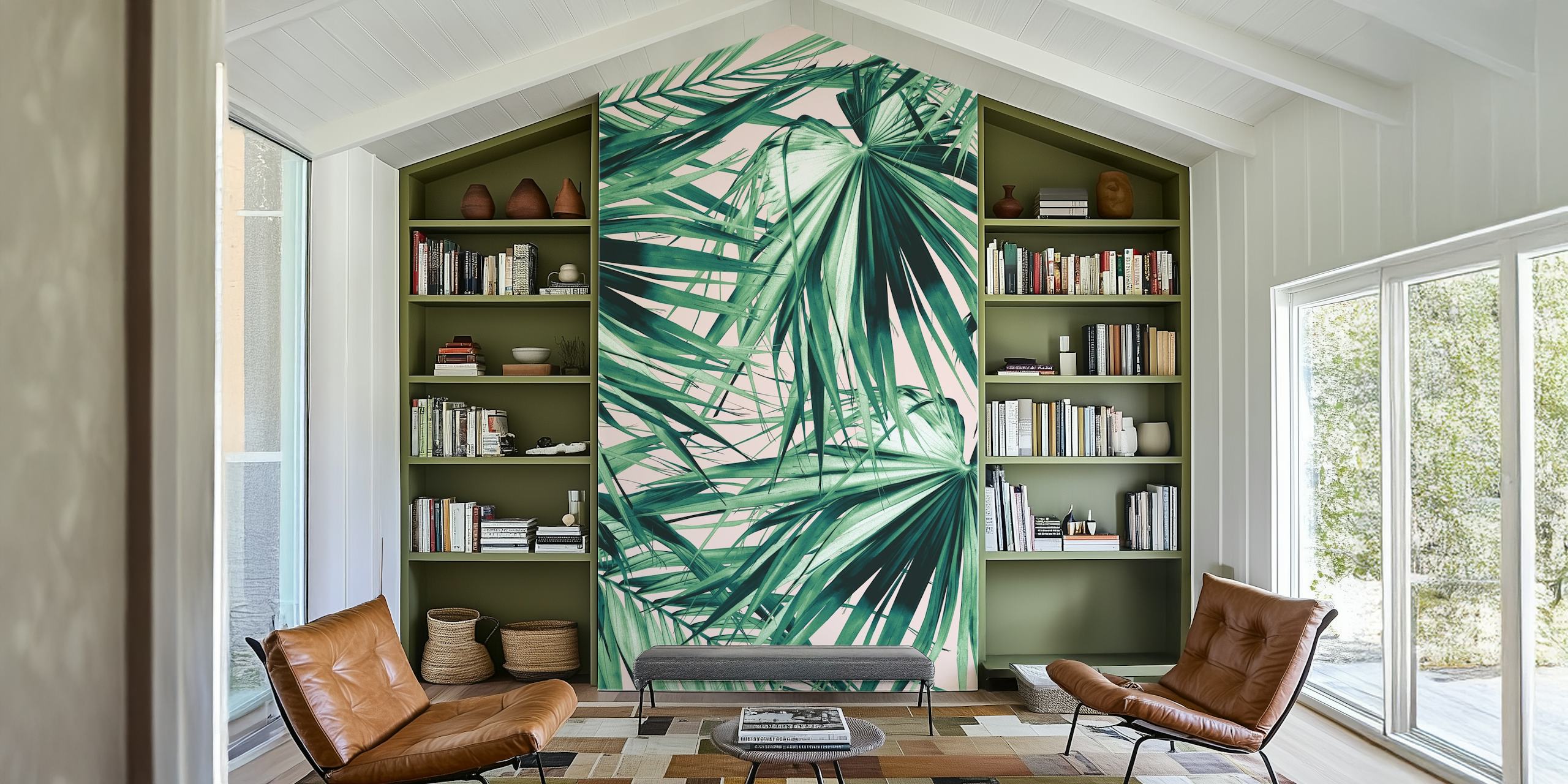 Fan Palm Jungle Dream wall mural with overlapping palm leaves in shades of green on a pastel background