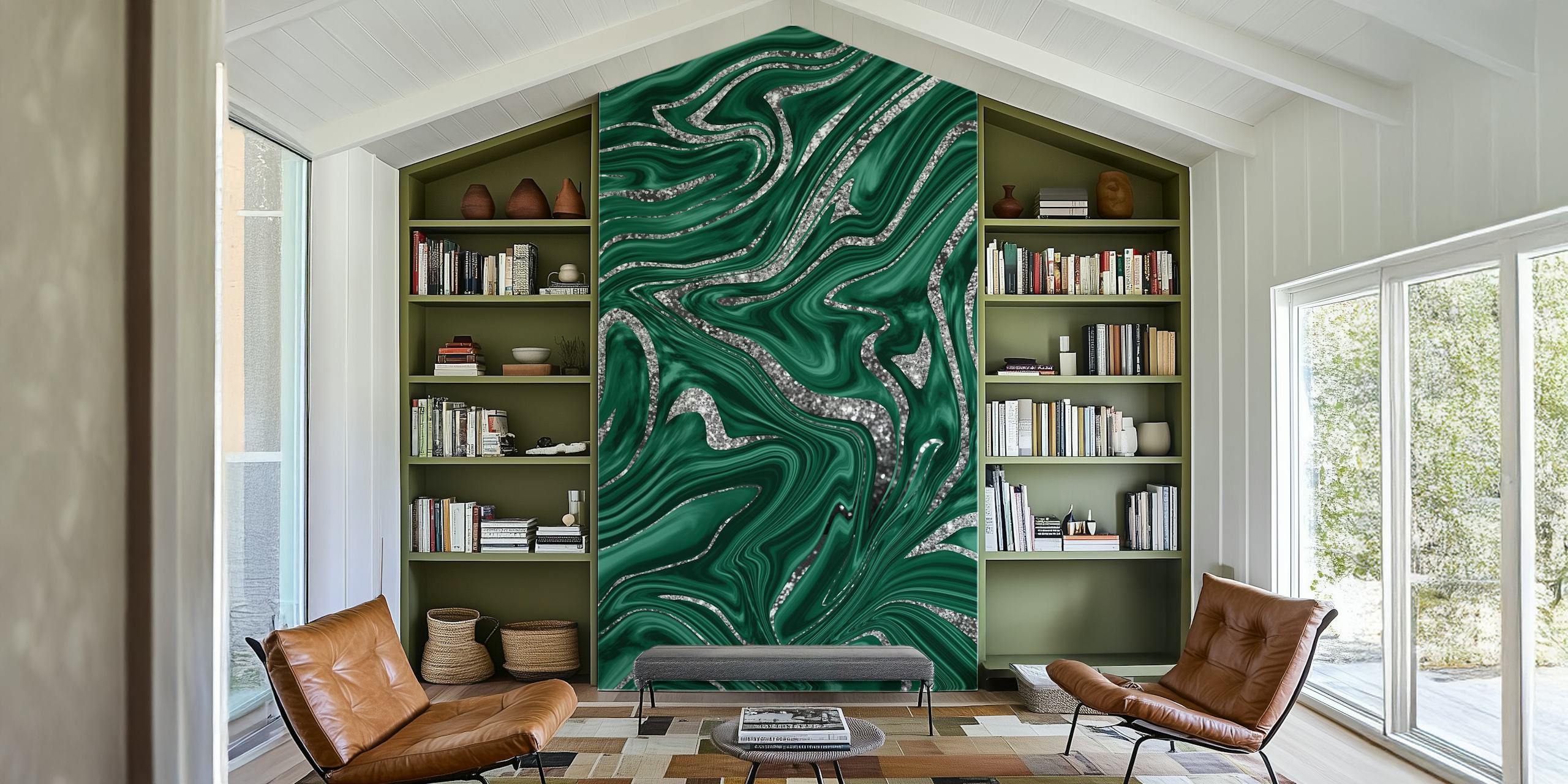 Emerald green black silver wallpaper design