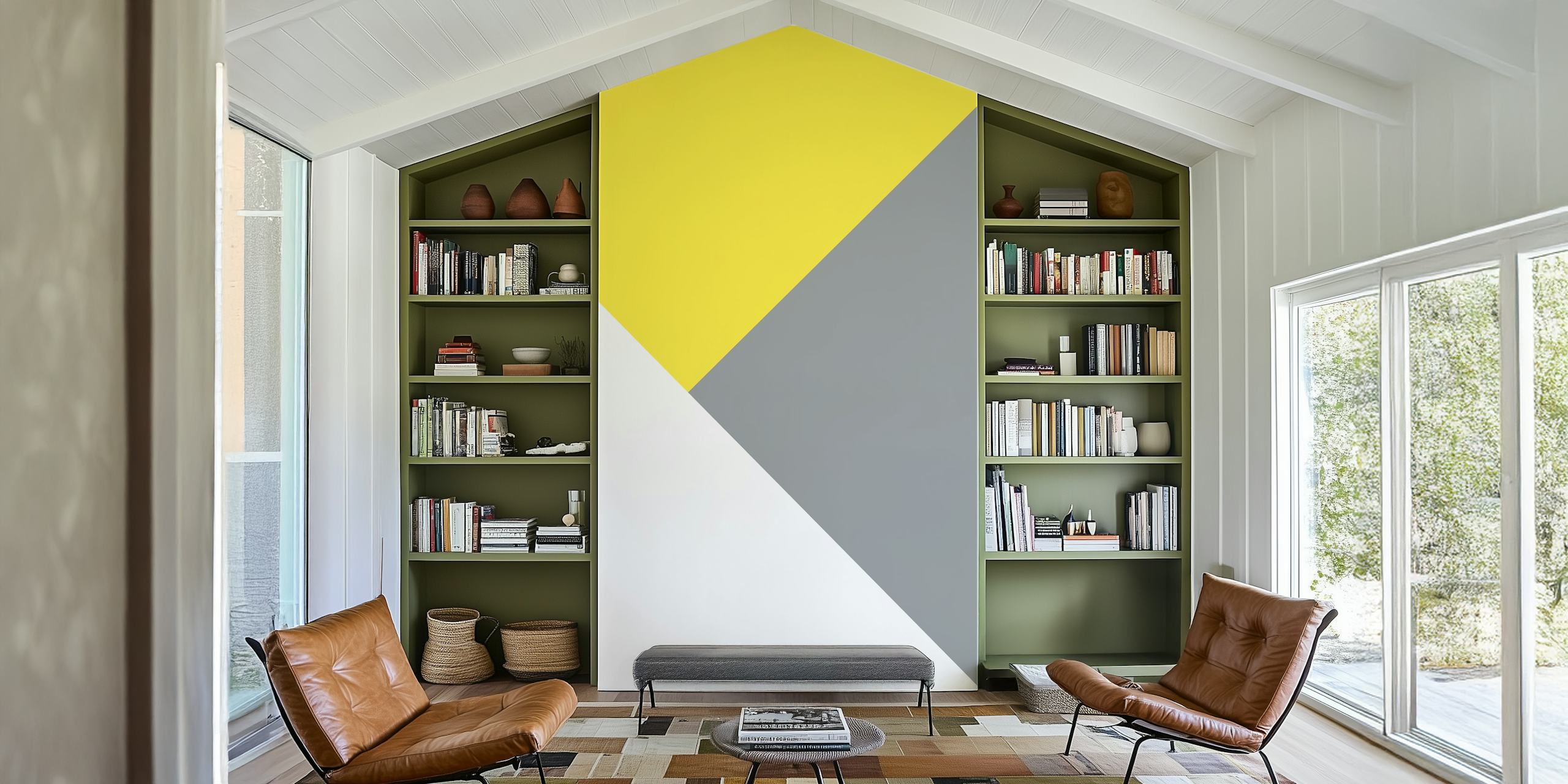 Illuminating Grey White Geo-vægmaleri med blødt gråt, rent hvidt og lysende gult geometrisk design.