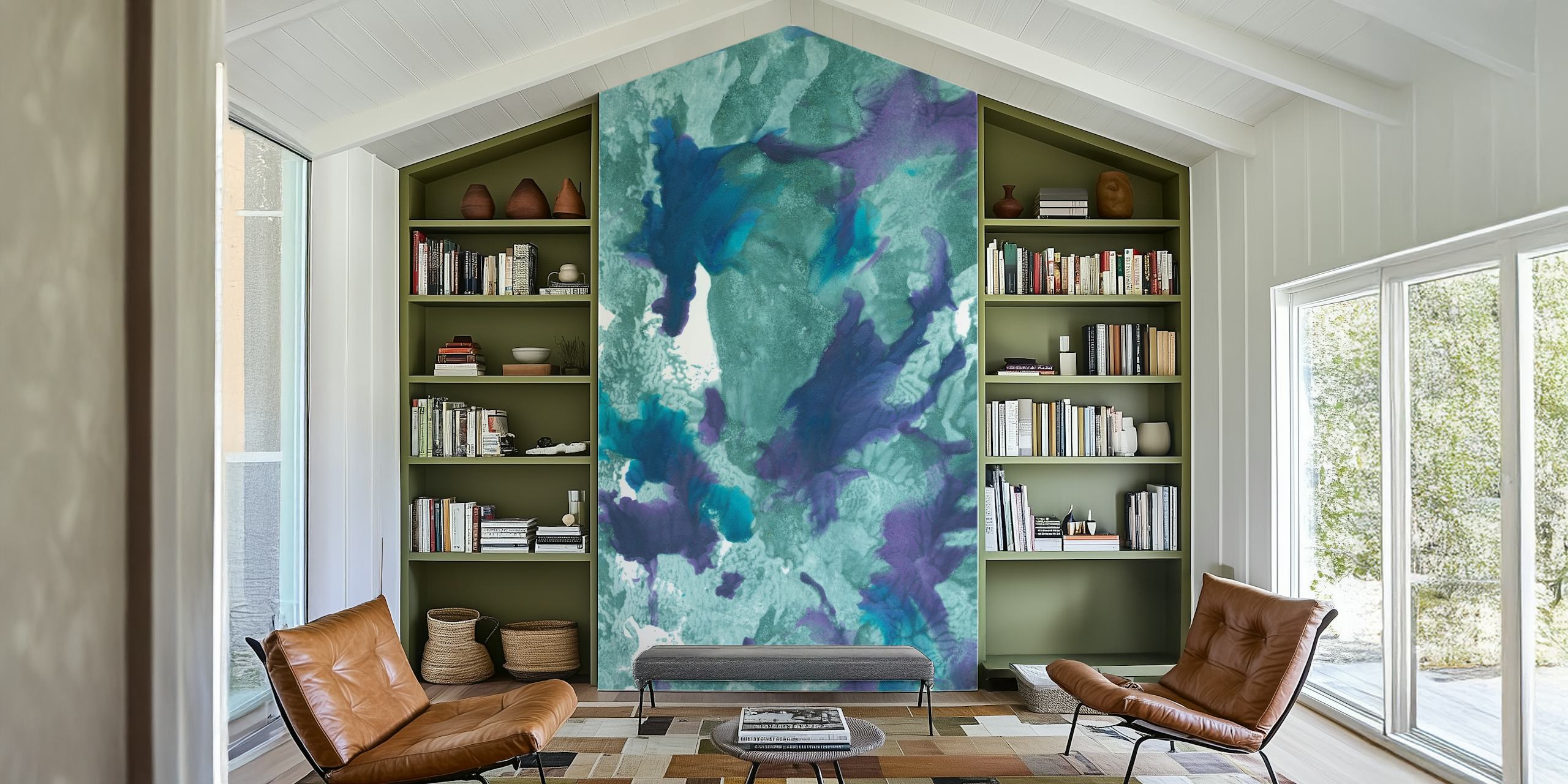 Patrones etéreos de mármol con tinta submarina en tonos azules y verdes para mural de pared