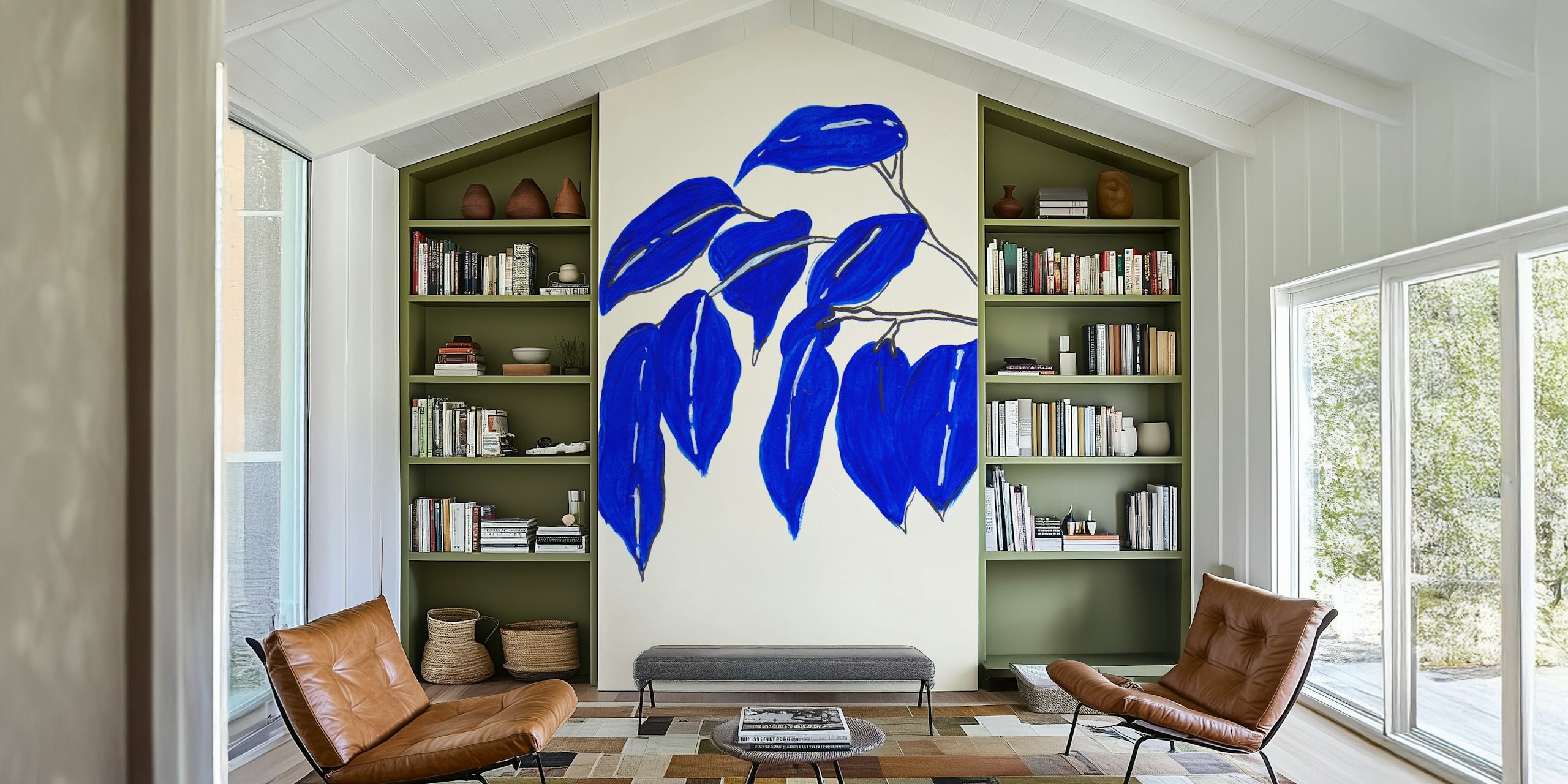 Abstract blue ficus leaves illustration on a wall mural