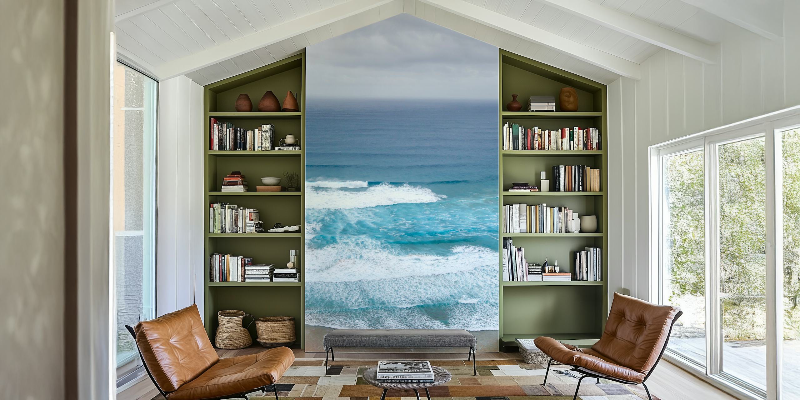 Ocean waves and sandy shore in shades of blue and white wallpaper