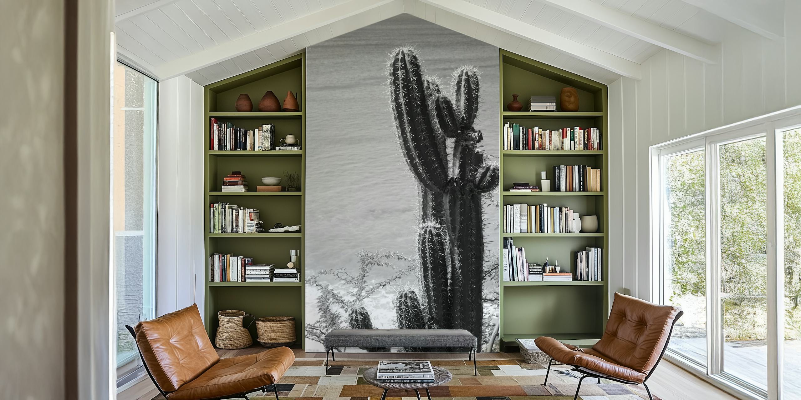 Black and white cactus against the ocean view wallpaper