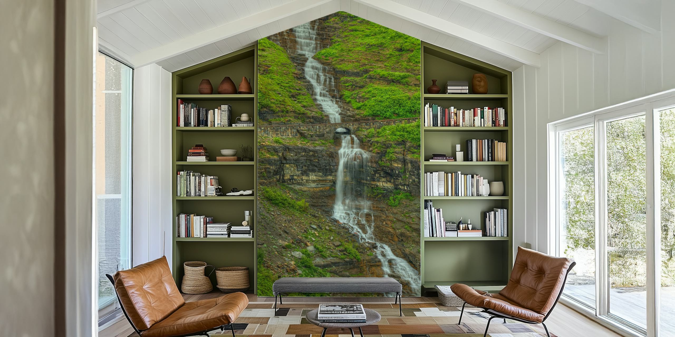Waterfall cascading down rocky mountain with greenery wallpaper