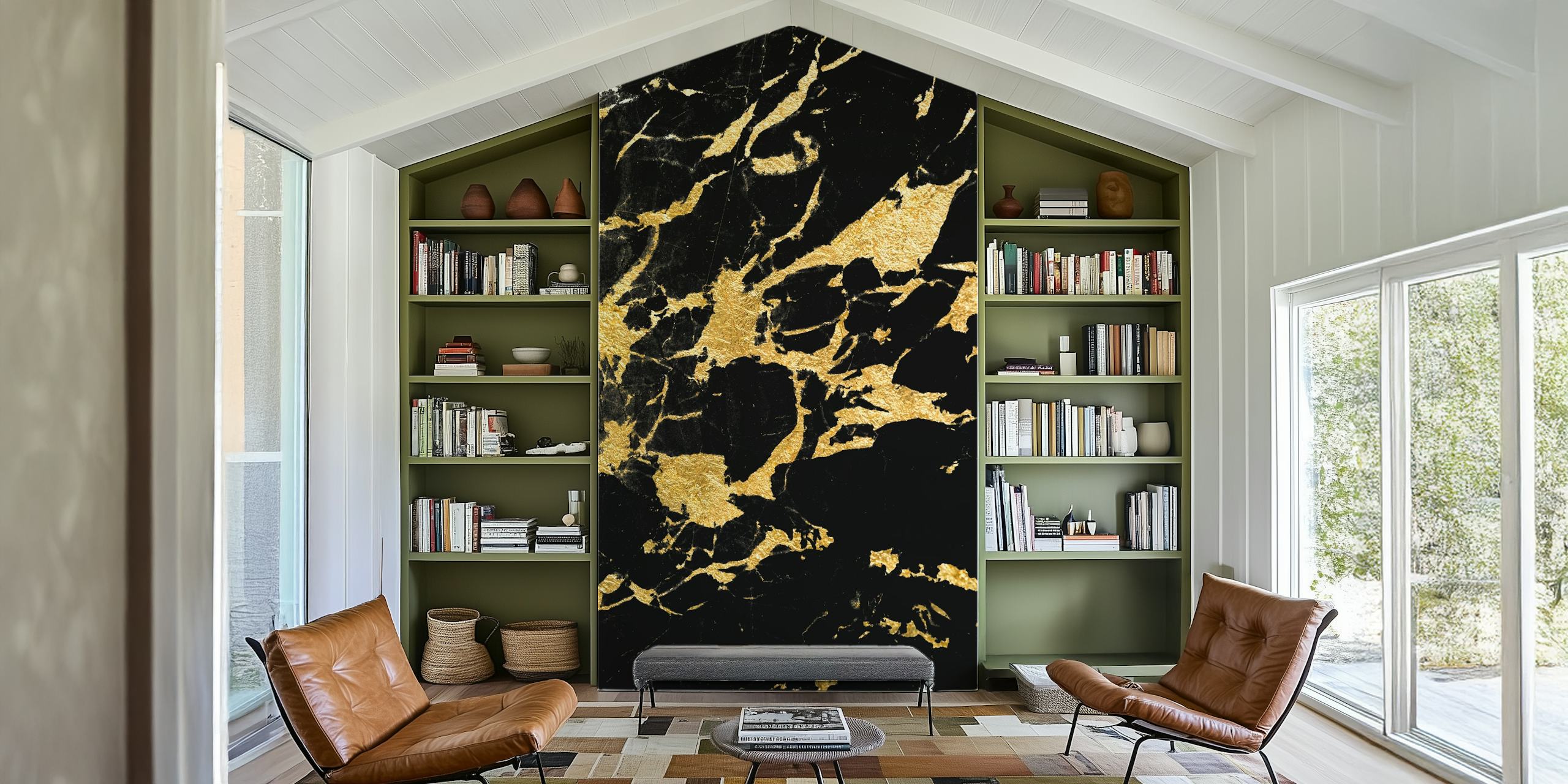 Luxe black marble with gold veins wall mural