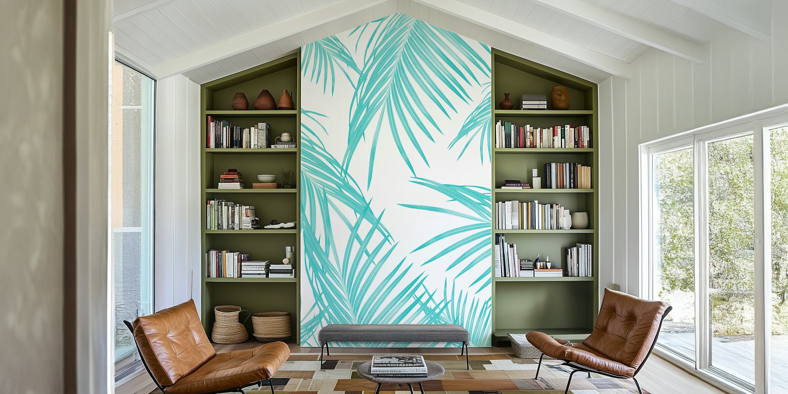 Soft turquoise palm leaves pattern wall mural