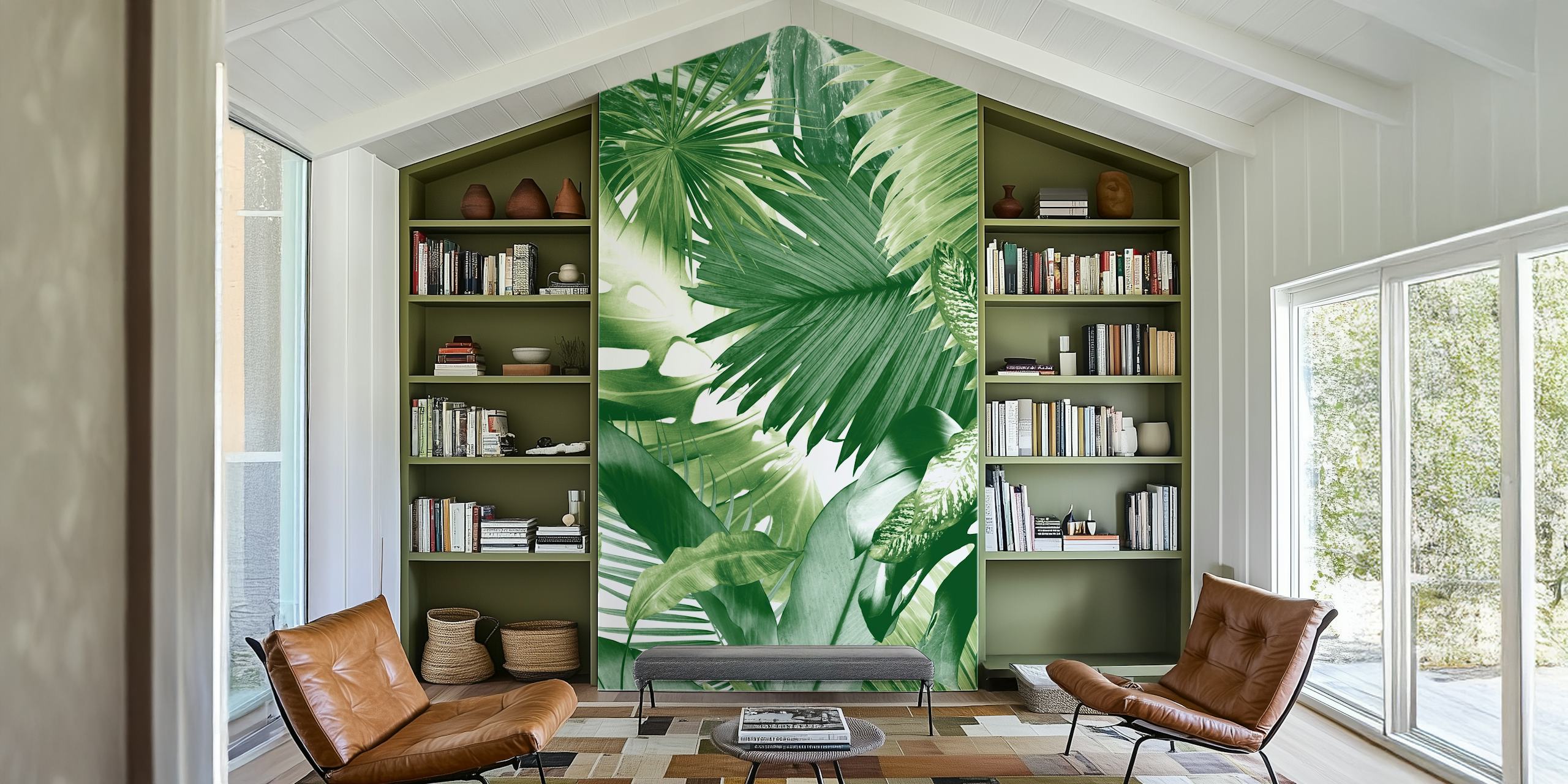 Mural de parede exótico com tema de selva tropical em happywall.com com vários tons de verde