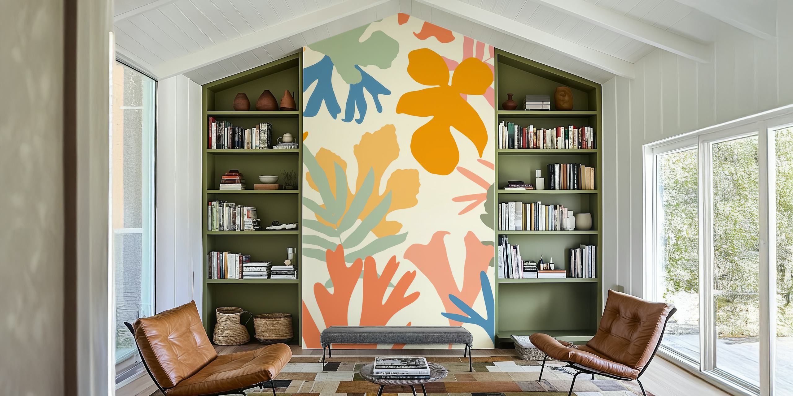 Colorful abstract botanical leaves wall mural perfect for adding a natural artistic touch to interiors.